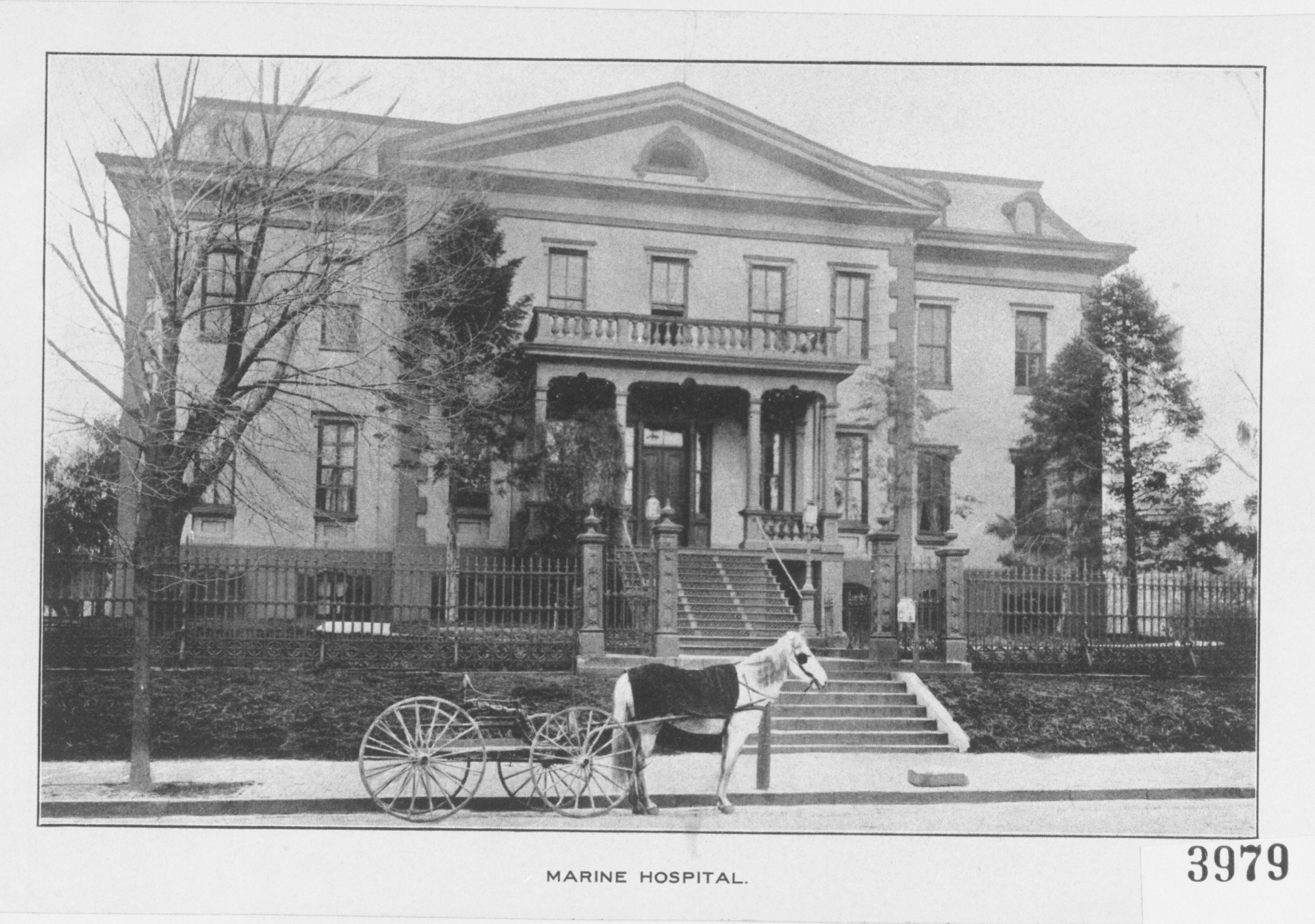 Circa 1900 - Horse-drawn carriage in front of the main entrance to the Naval Hospital, Washington City