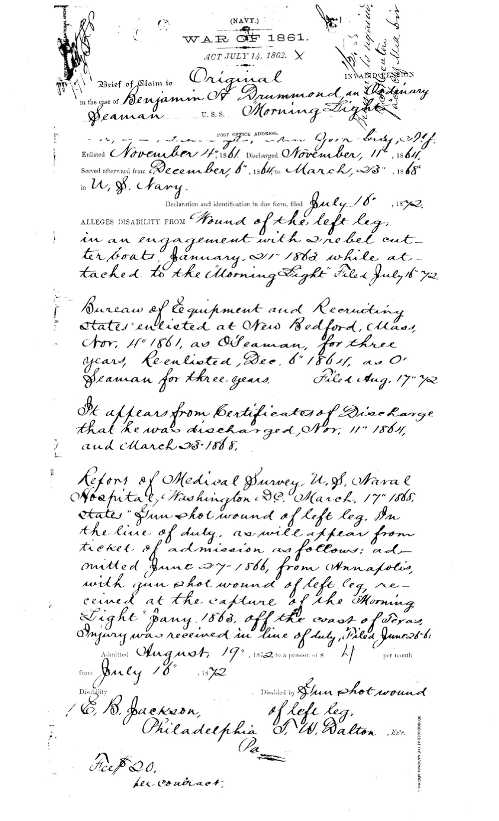 Copy of the 1872 Brief of Claim for a pension based on his wound during the WAR OF 1861
