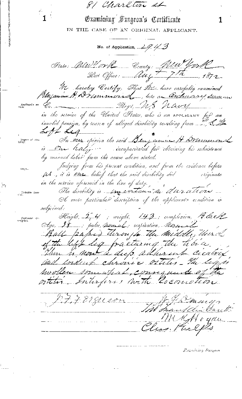 1872 Examining Surgeon's Certificate in the Case of an Original Applicant for Benjamin  Drummond (Page 2 of 2 pages). This is a digital copy of an original document held by the  National Archives.