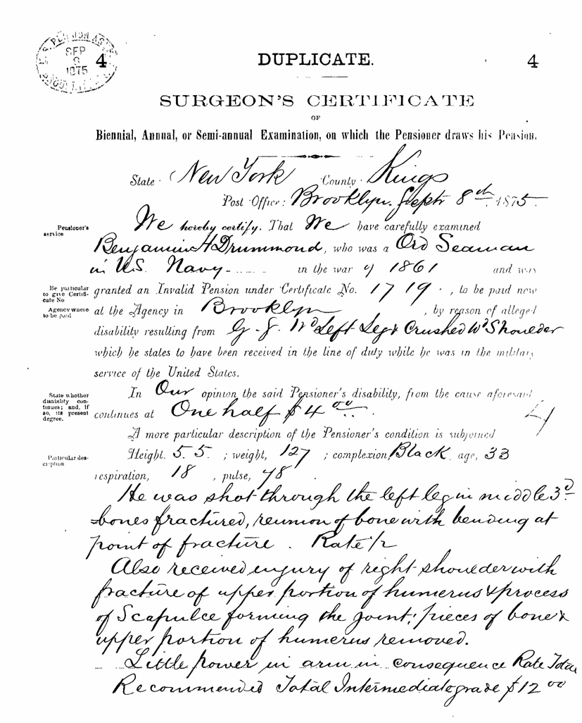 1875 Surgeon's Certificate of Pensioner Examination recommending a pension of $12.00 per  month.