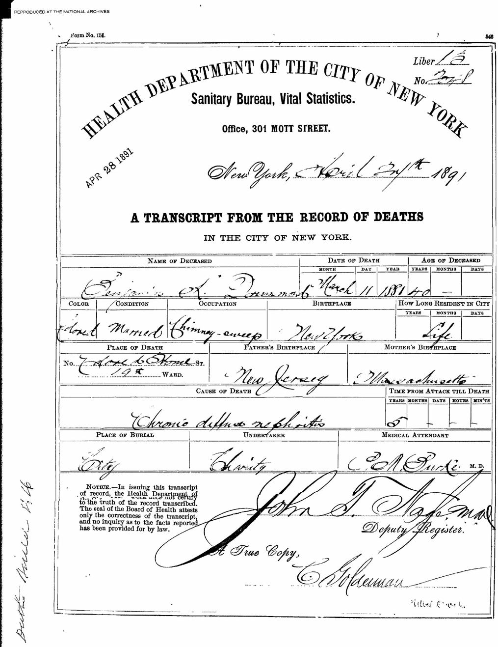 The Death Certificate for Benjamin Drummond, the first patient admitted into the Naval Hospital, Washington City, when it opened on October 1, 1866.