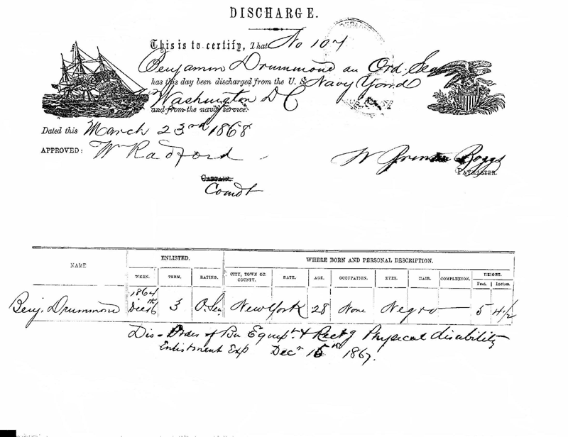 On March 23, 1868, Benjamin Drummond was discharged from the U.S. Navy. 
This is a digital copy of the original record held bythe National Archives.