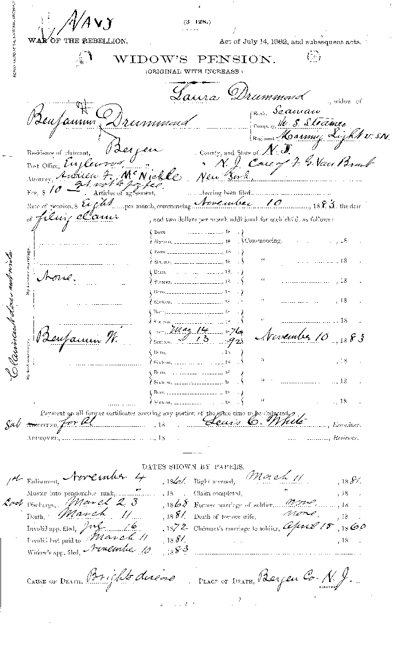 This is the second page of the four page Widows Brief filed by Laura A.  Drummond following the death of her husband -Benamin Drummond (the first patient  admitted into the Naval Hospital,Washington City, when it opened on October 1, 1866).  At this time she livedat No. 319 West 39th Street, New York City. This is a digital  copy of theoriginal record held by the National Archives.