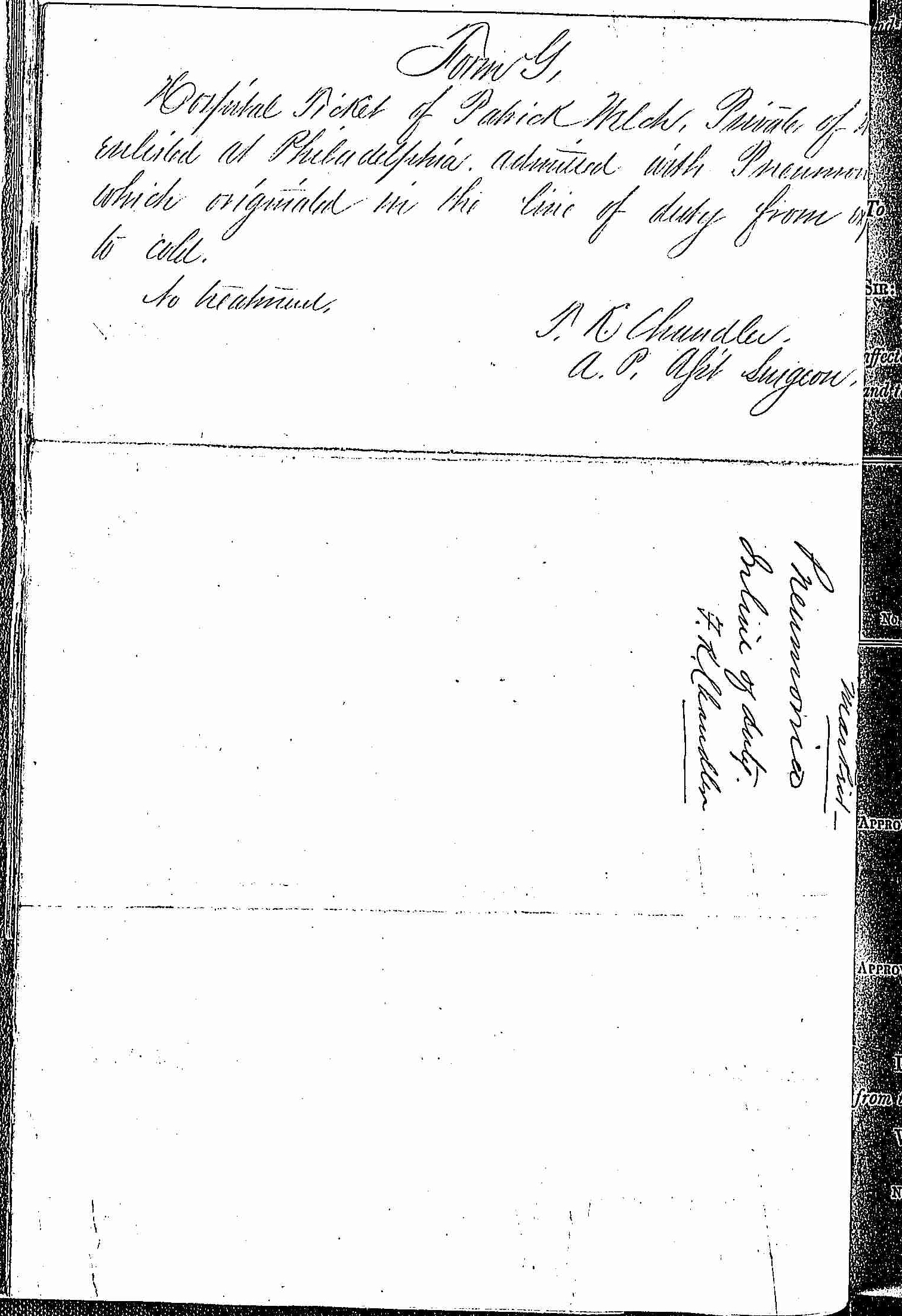 Entry for Patrick Welch (page 2 of 2) in the log Hospital Tickets and Case Papers - Naval Hospital - Washington, D.C. - 1865-68