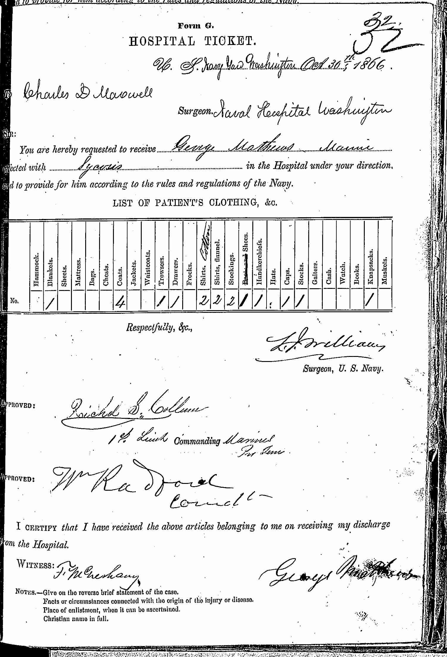 Entry for George Mathews (page 1 of 2) in the log Hospital Tickets and Case Papers - Naval Hospital - Washington, D.C. - 1865-68