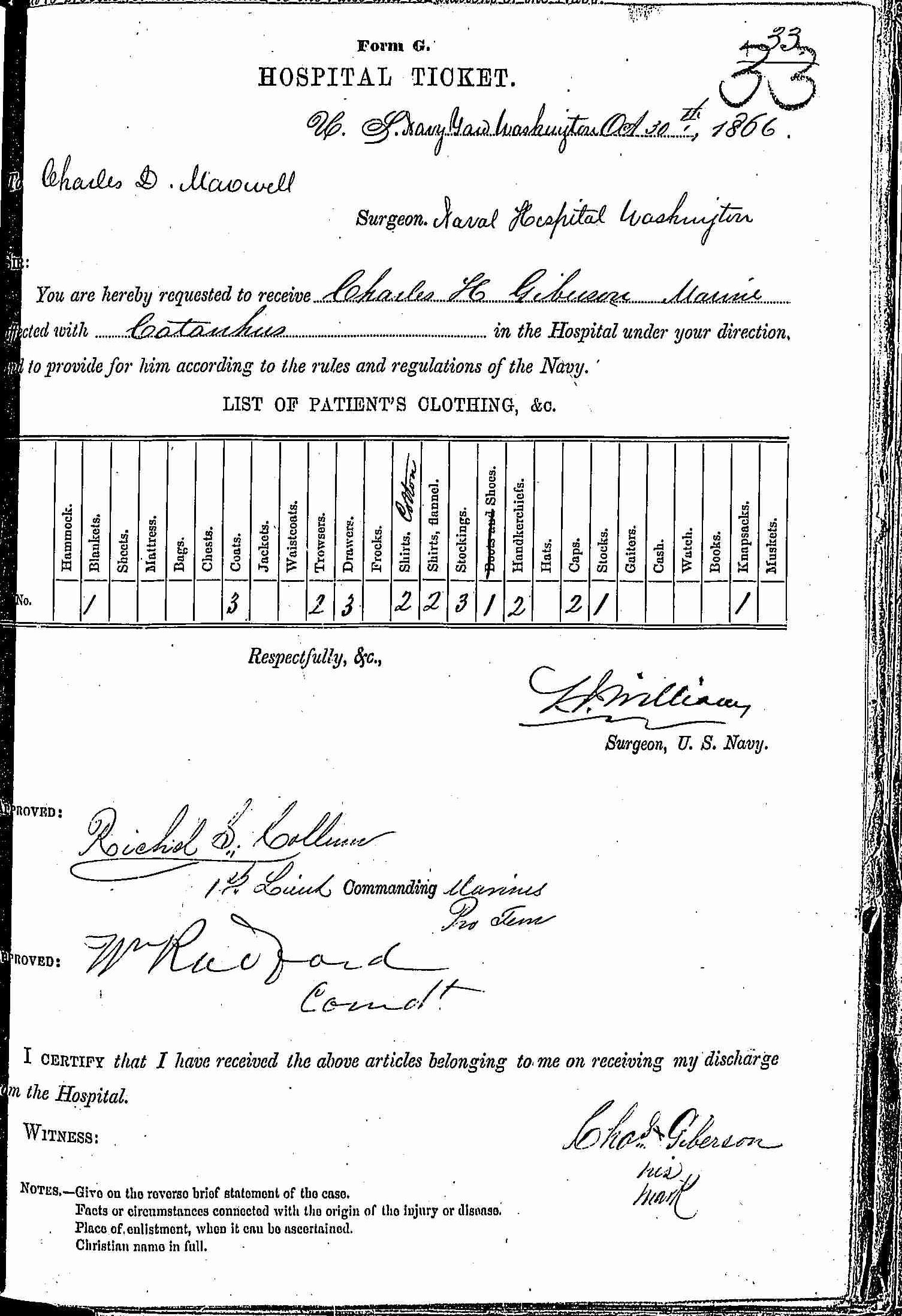 Entry for Charles H. Giberson (first admission page 1 of 2) in the log Hospital Tickets and Case Papers - Naval Hospital - Washington, D.C. - 1865-68