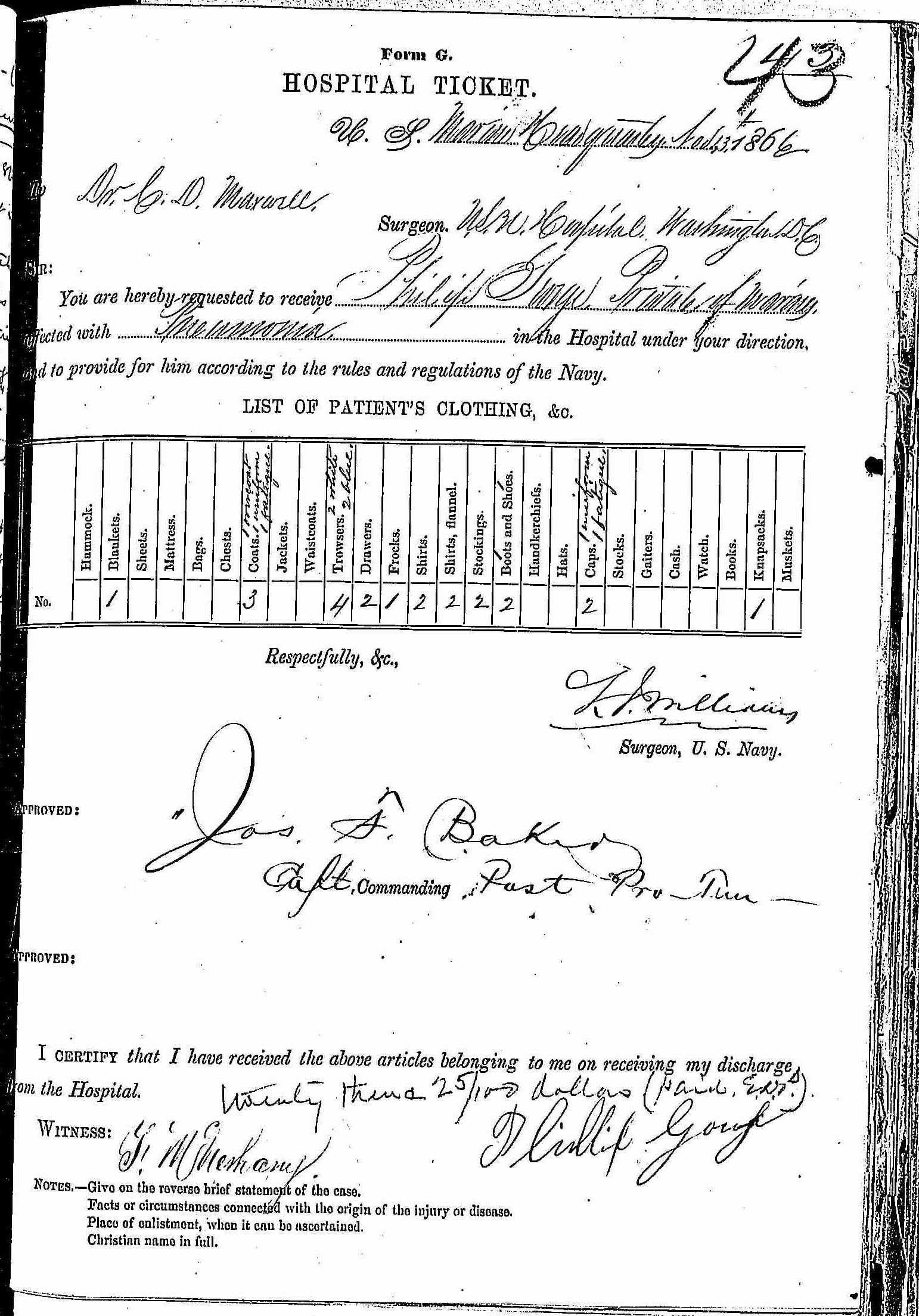 Entry for Philip George (first admission page 1 of 2) in the log Hospital Tickets and Case Papers - Naval Hospital - Washington, D.C. - 1865-68