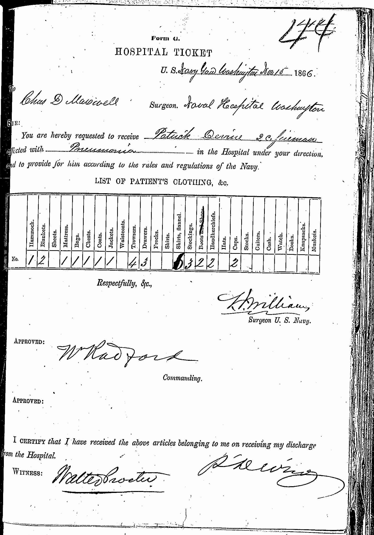 Entry for Patrick Devine (first admission page 1 of 2) in the log Hospital Tickets and Case Papers - Naval Hospital - Washington, D.C. - 1865-68