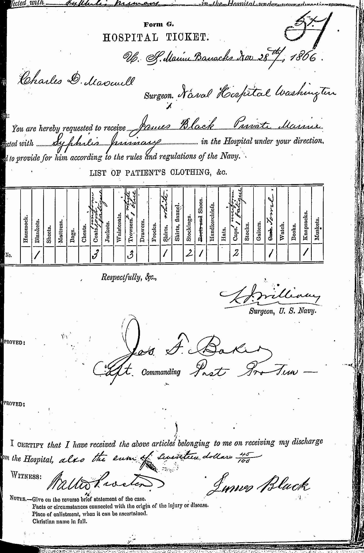 Entry for James Black (page 1 of 2) in the log Hospital Tickets and Case Papers - Naval Hospital - Washington, D.C. - 1865-68