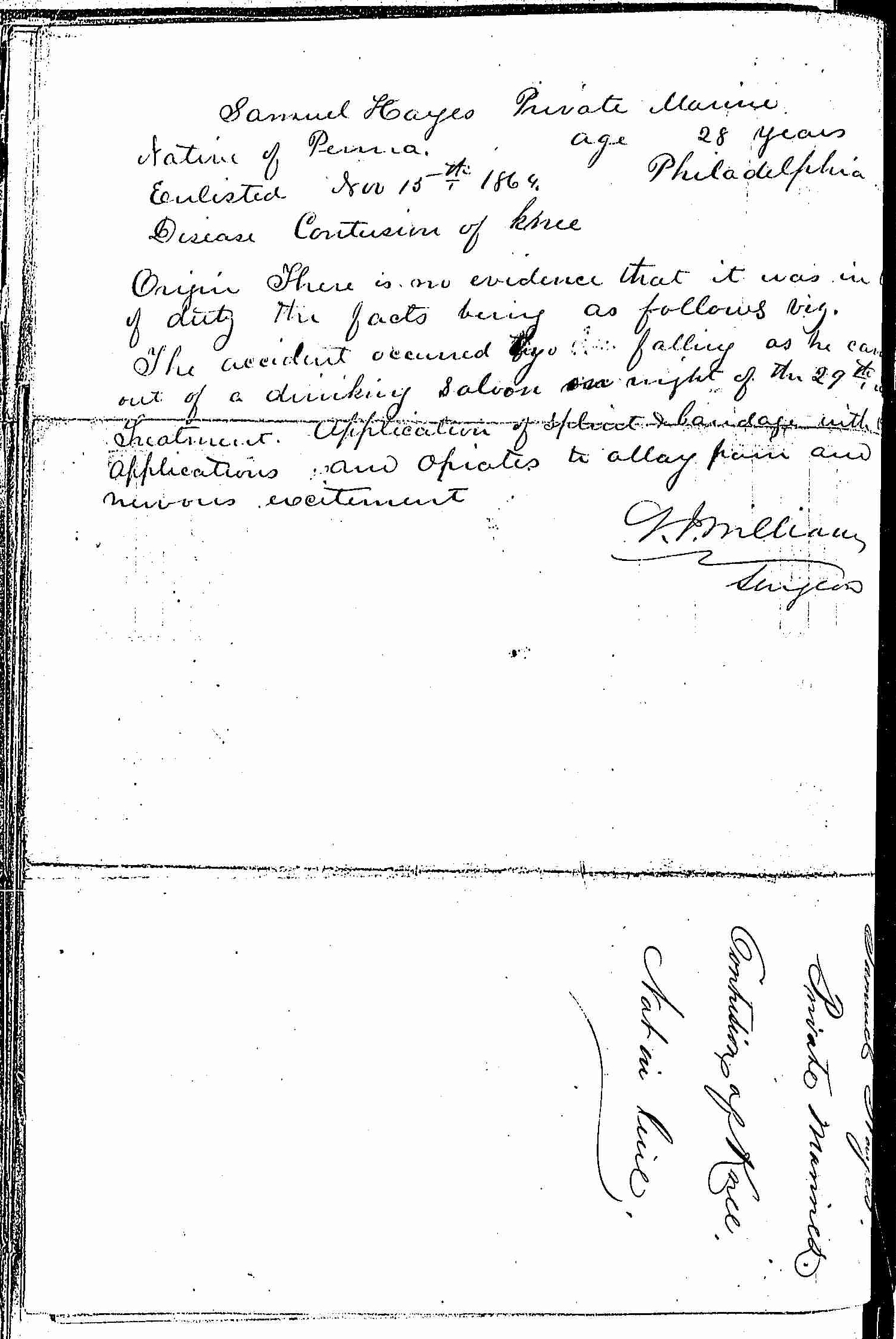 Entry for Samuel Hayes (first admi ssion page 2 of 2) in the log Hospital Tickets and Case Papers - Naval Hospital - Washington, D.C. - 1865-68