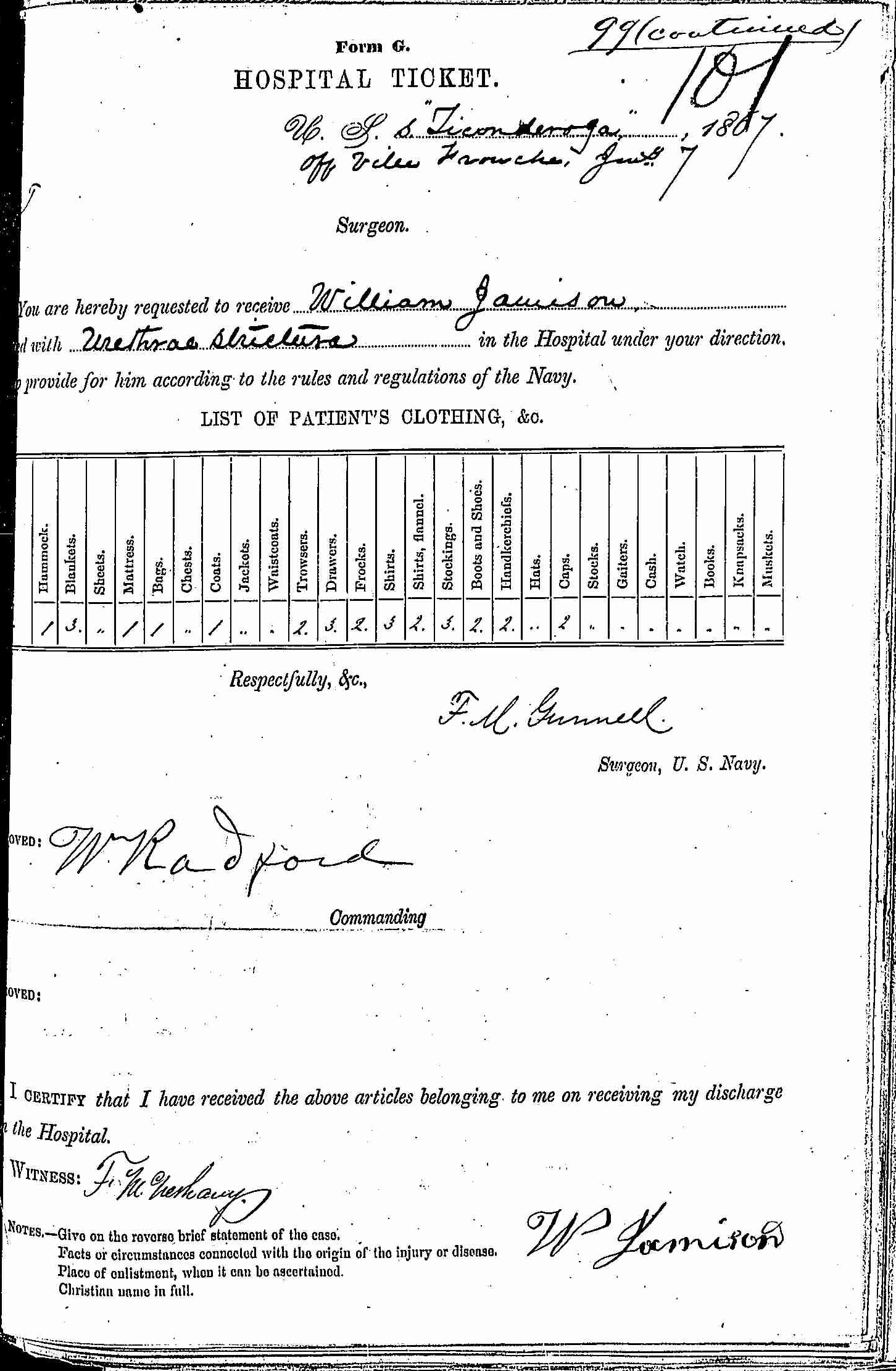 Entry for William Jamison (page 4 of 5) in the log Hospital Tickets and Case Papers - Naval Hospital - Washington, D.C. - 1866-68