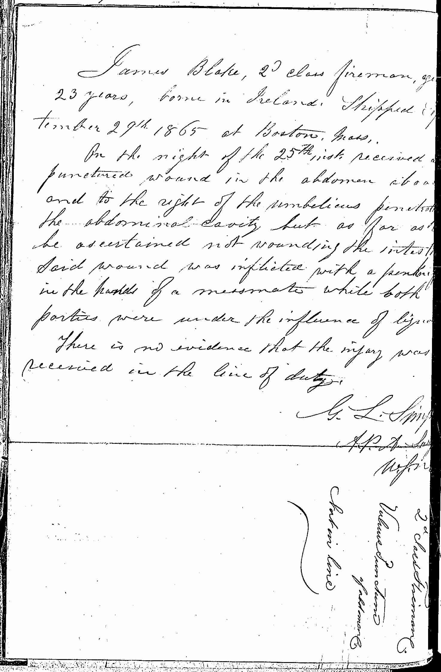 Entry for James Blake (page 2 of 2) in the log Hospital Tickets and Case Papers - Naval Hospital - Washington, D.C. - 1866-68