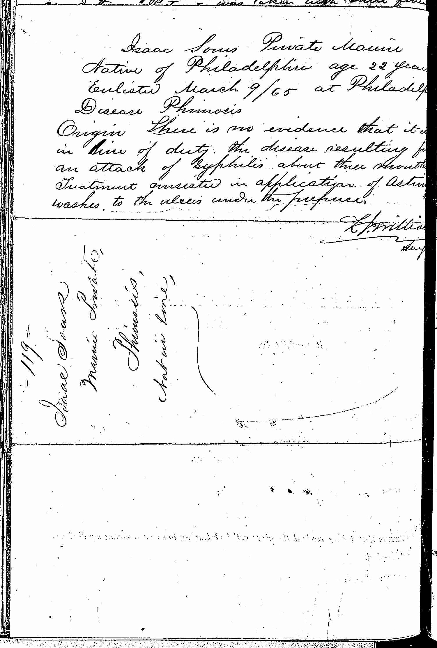 Entry for Isaac Sours (second admission page 2 of 2) in the log Hospital Tickets and Case Papers - Naval Hospital - Washington, D.C. - 1866-68