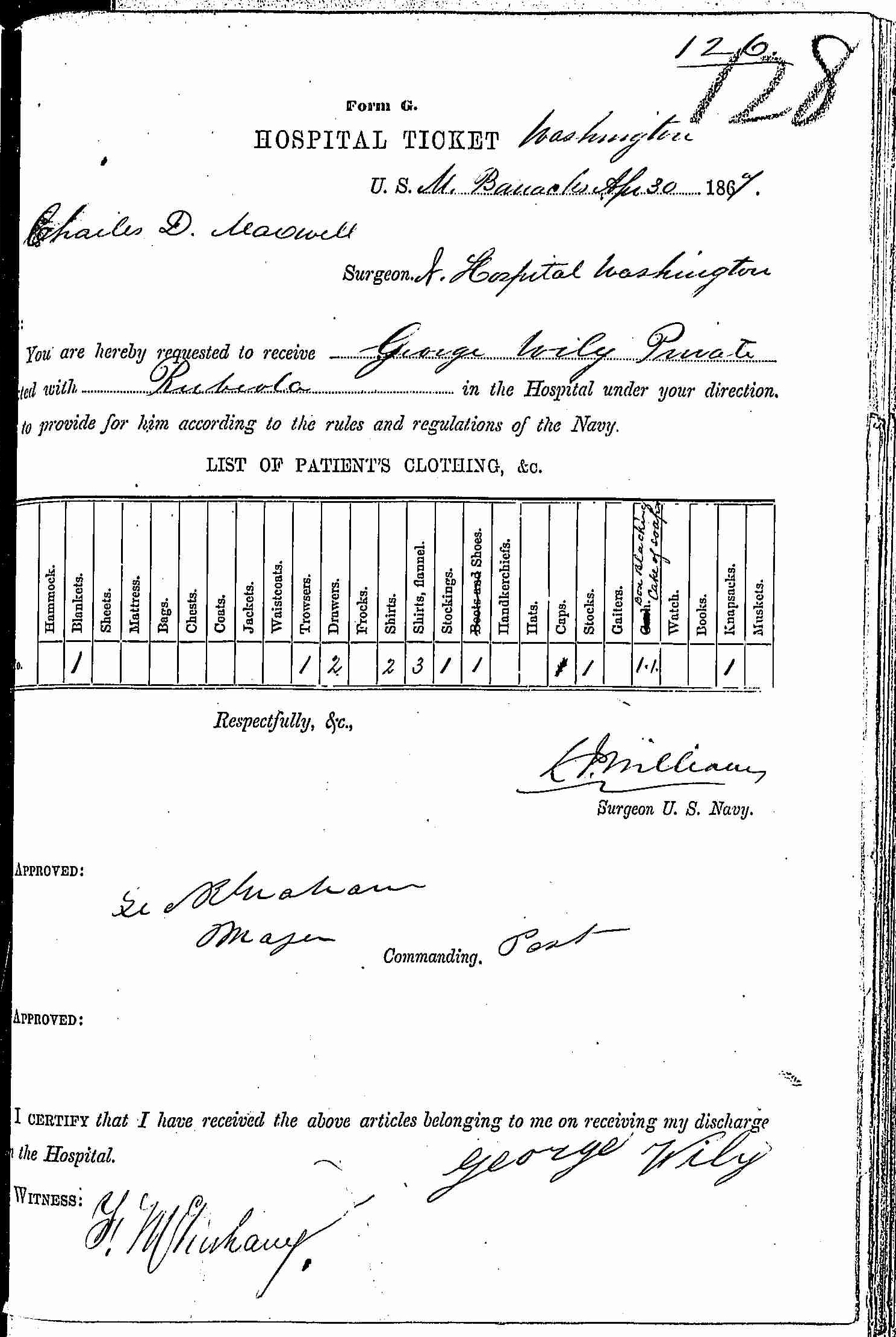 Entry for George Horton (page 1 of 2) in the log Hospital Tickets and Case Papers - Naval Hospital - Washington, D.C. - 1866-68