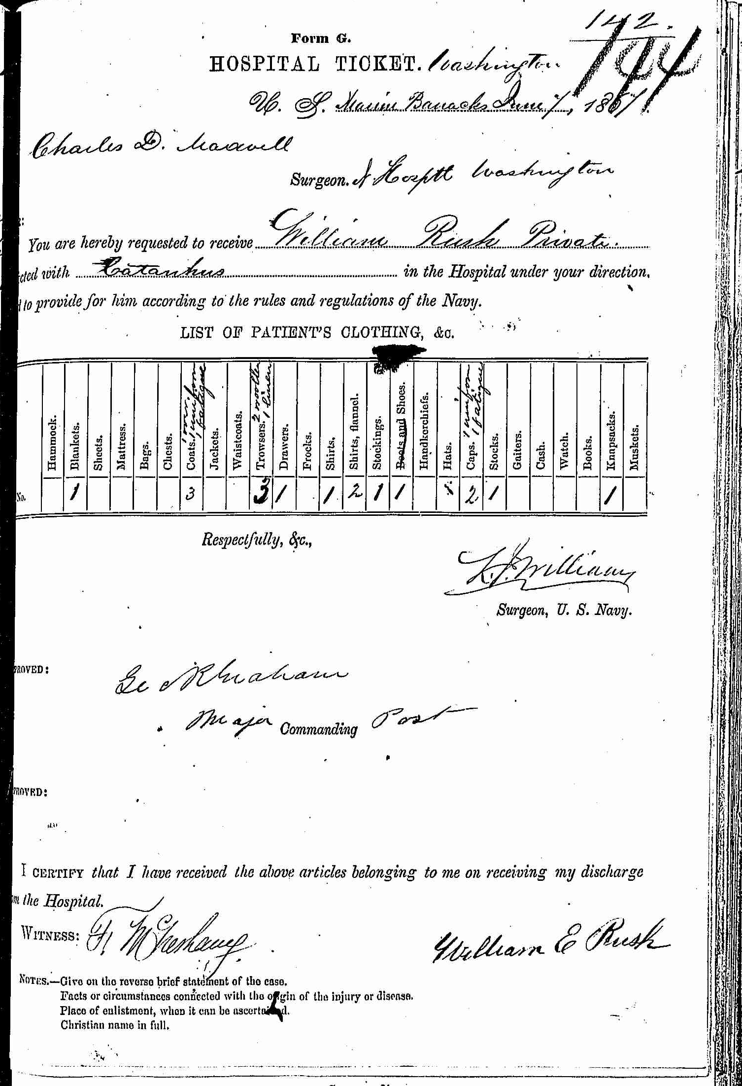 Entry for William Rush (page 1 of 2) in the log Hospital Tickets and Case Papers - Naval Hospital - Washington, D.C. - 1866-68