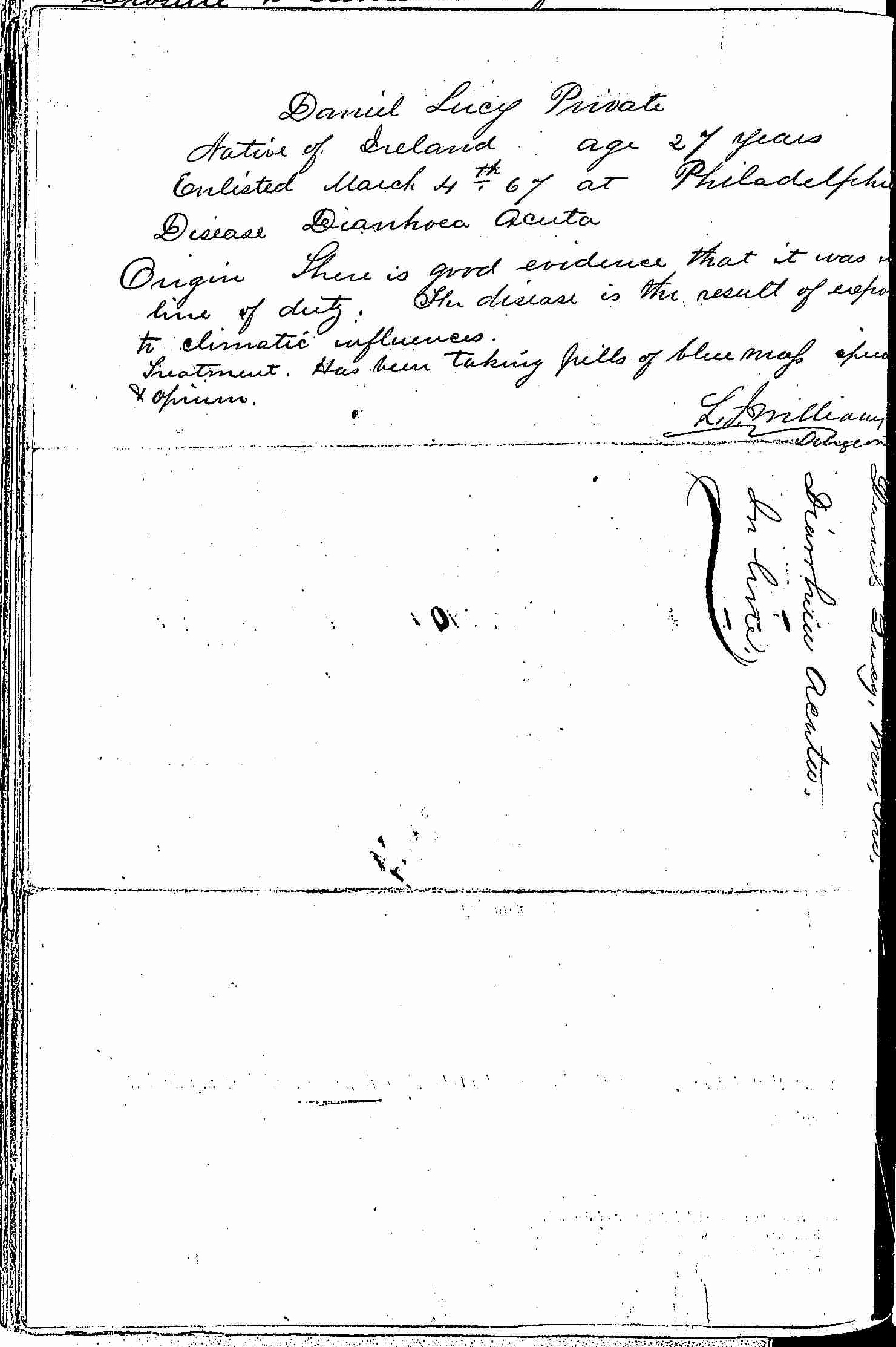 Entry for Daniel Lucy (page 2 of 2) in the log Hospital Tickets and Case Papers - Naval Hospital - Washington, D.C. - 1866-68
