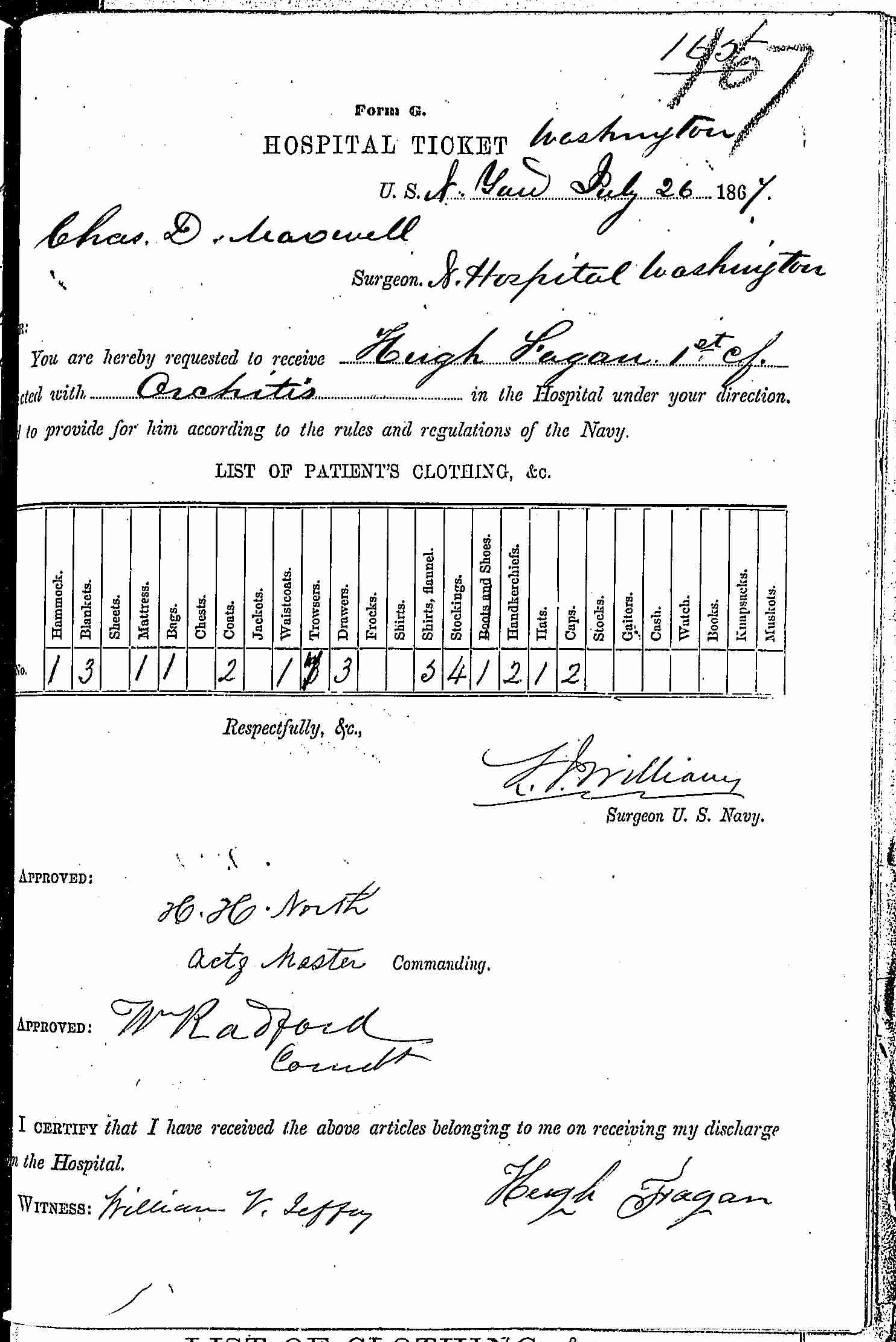 Entry for Hugh Fagan (page 1 of 2) in the log Hospital Tickets and Case Papers - Naval Hospital - Washington, D.C. - 1866-68