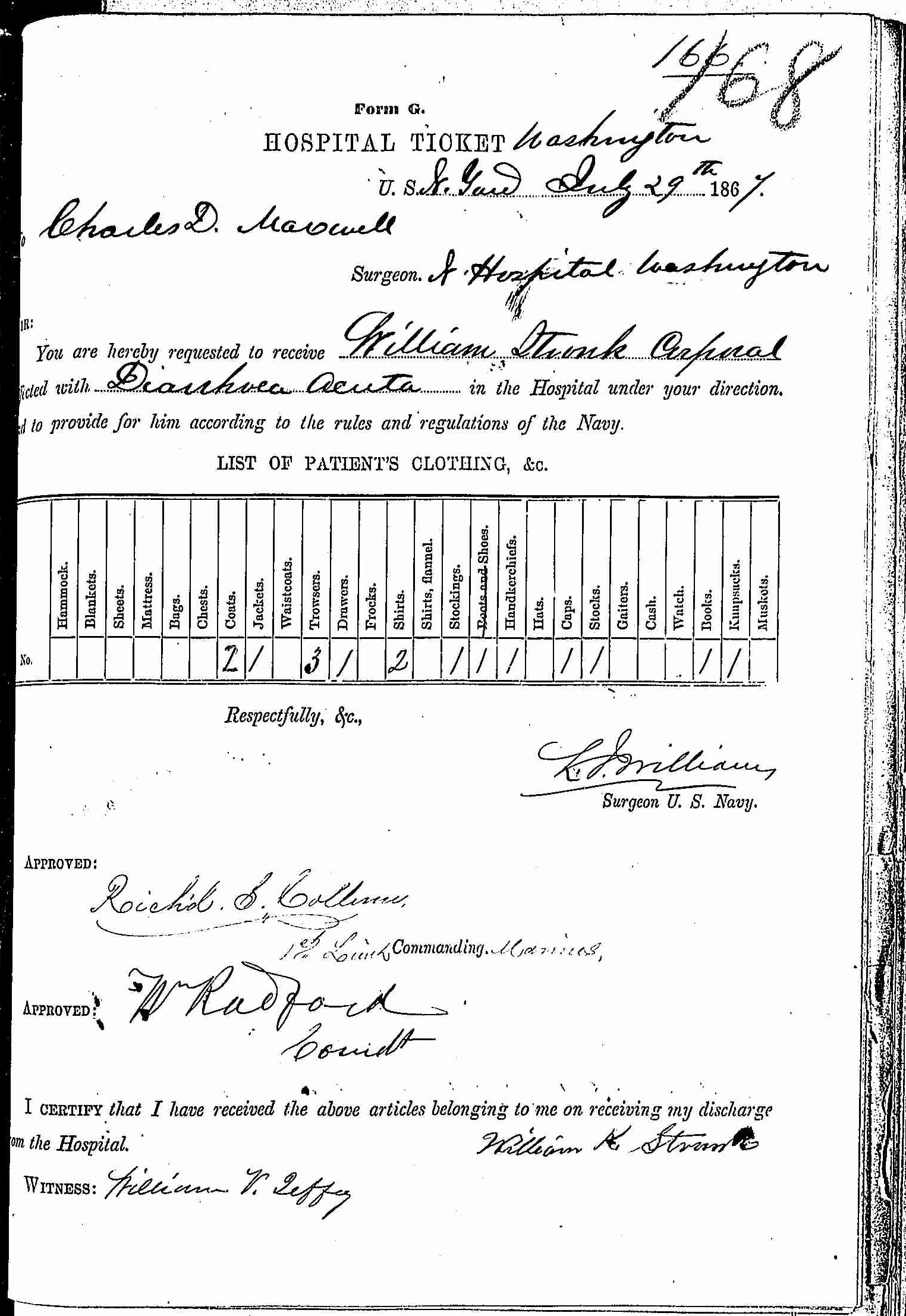 Entry for William Stonk (page 1 of 2) in the log Hospital Tickets and Case Papers - Naval Hospital - Washington, D.C. - 1866-68