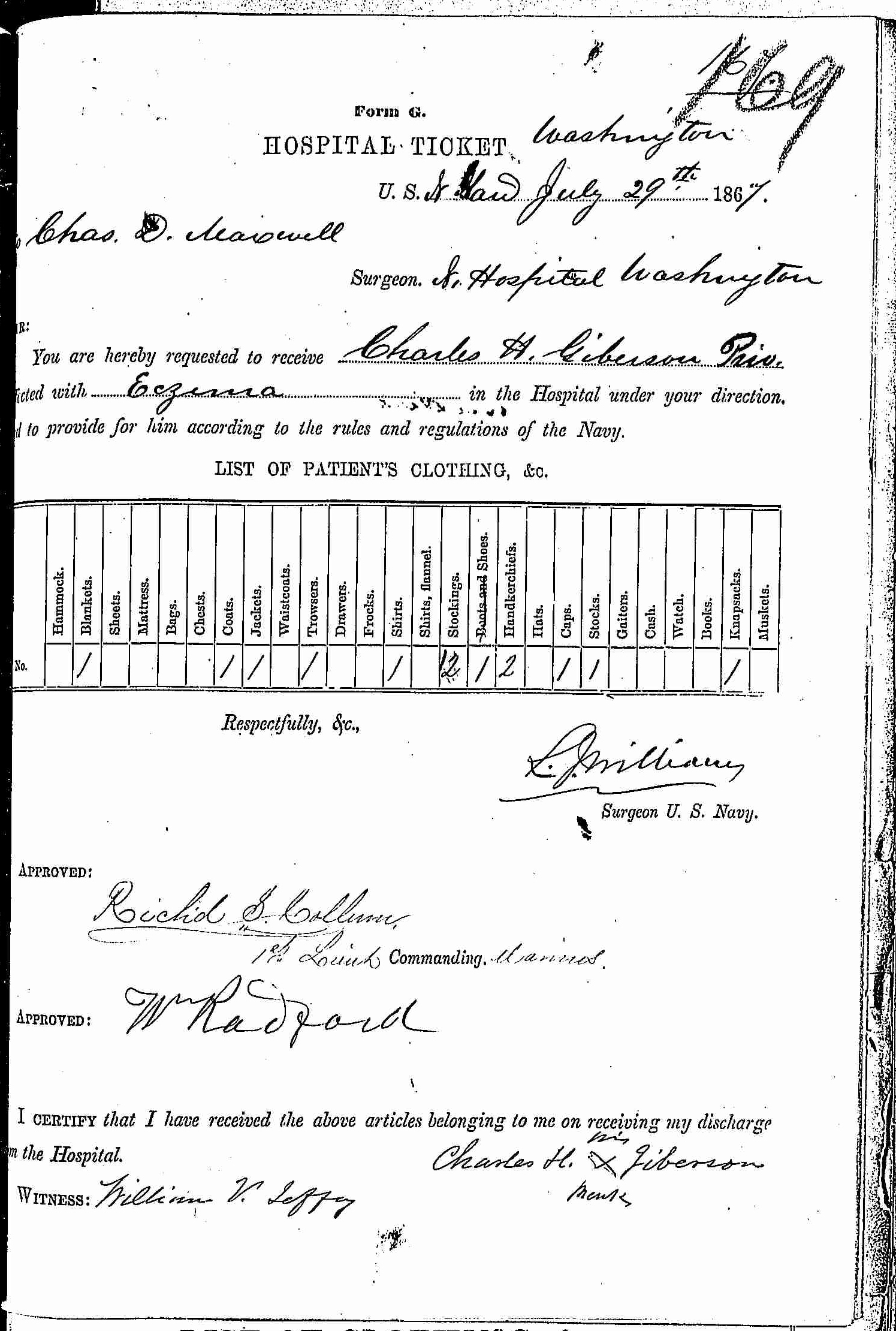 Entry for Charles H. Giberson (second admission page 1 of 2) in the log Hospital Tickets and Case Papers - Naval Hospital - Washington, D.C. - 1866-68