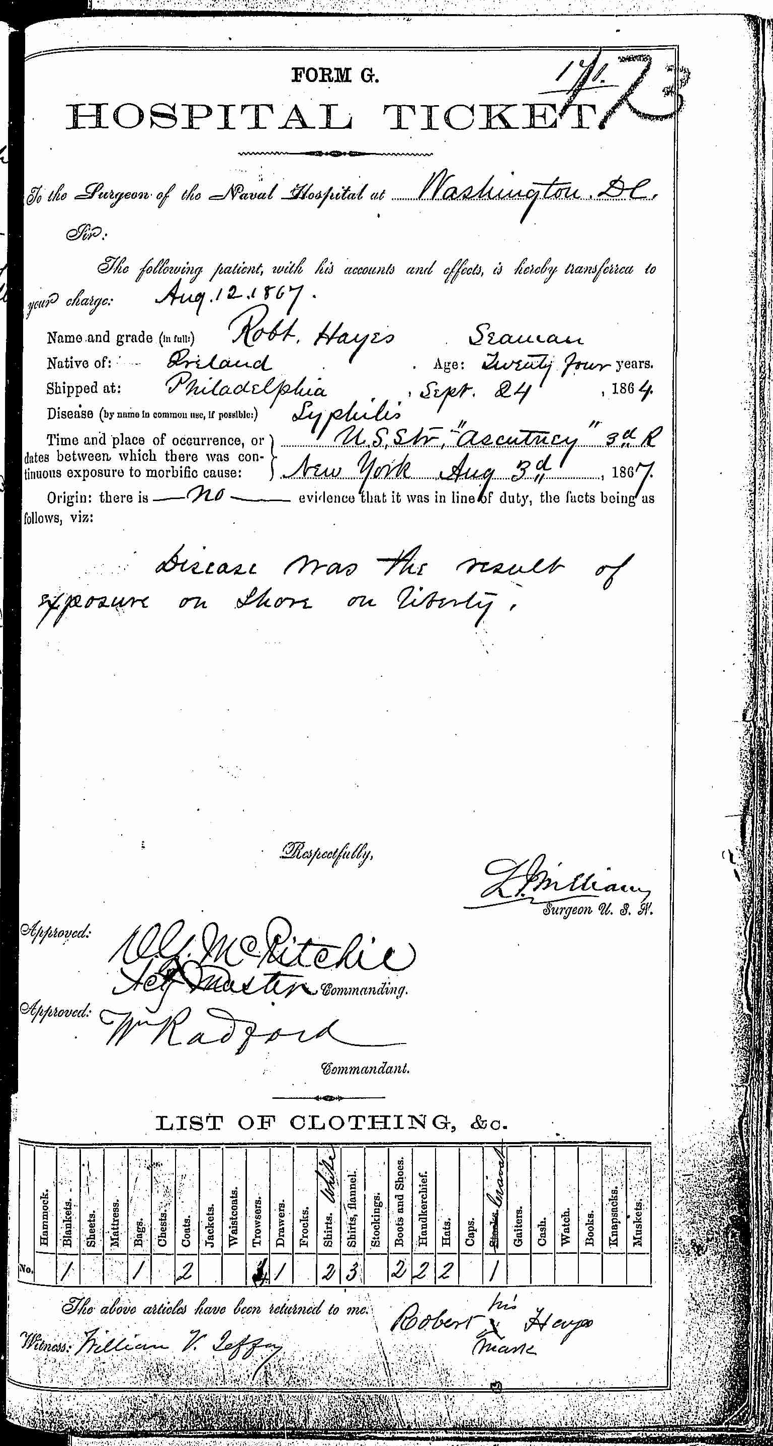 Entry for Robert Hayes (page 1 of 2) in the log Hospital Tickets and Case Papers - Naval Hospital - Washington, D.C. - 1866-68