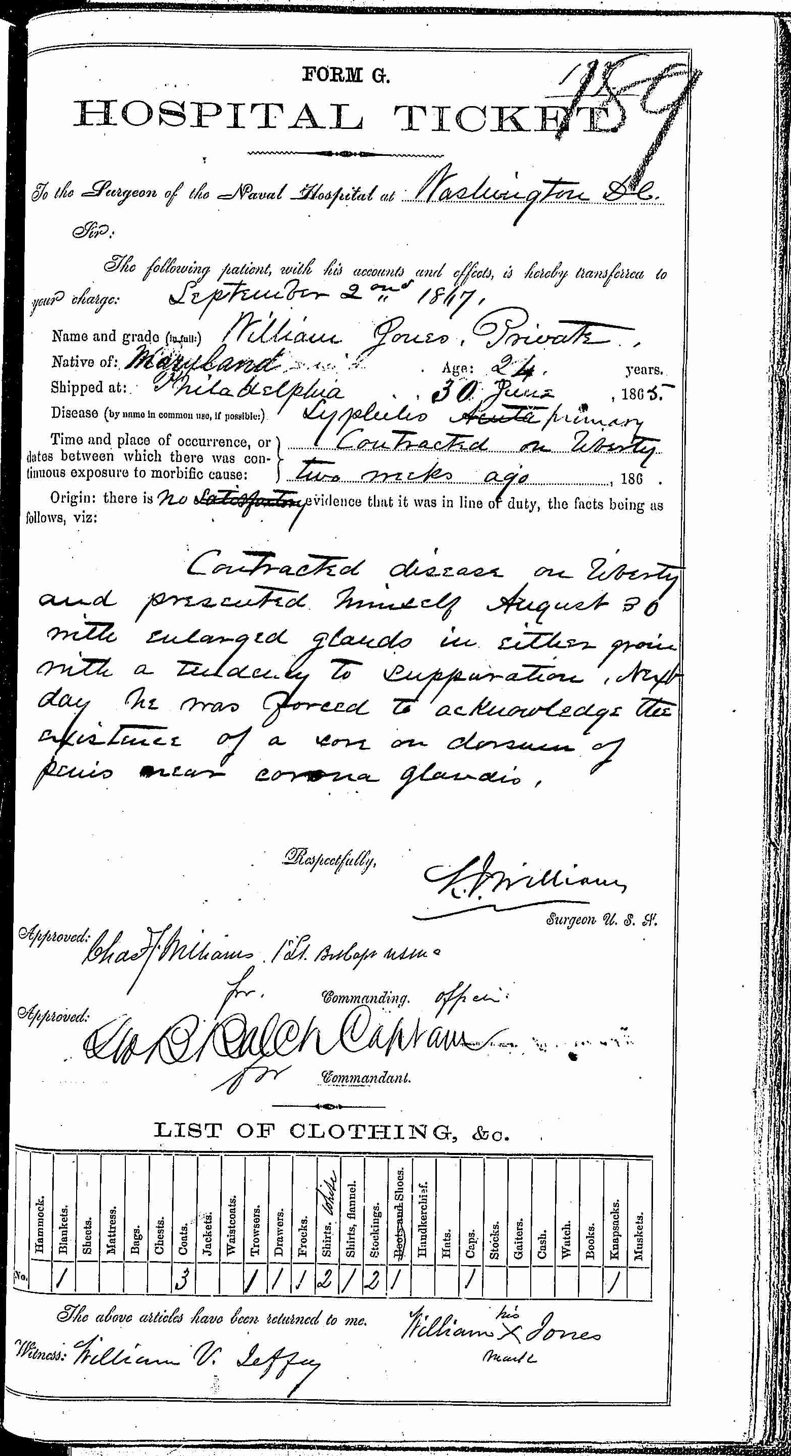 Entry for William Jones (first admission page 1 of 2) in the log Hospital Tickets and Case Papers - Naval Hospital - Washington, D.C. - 1866-68