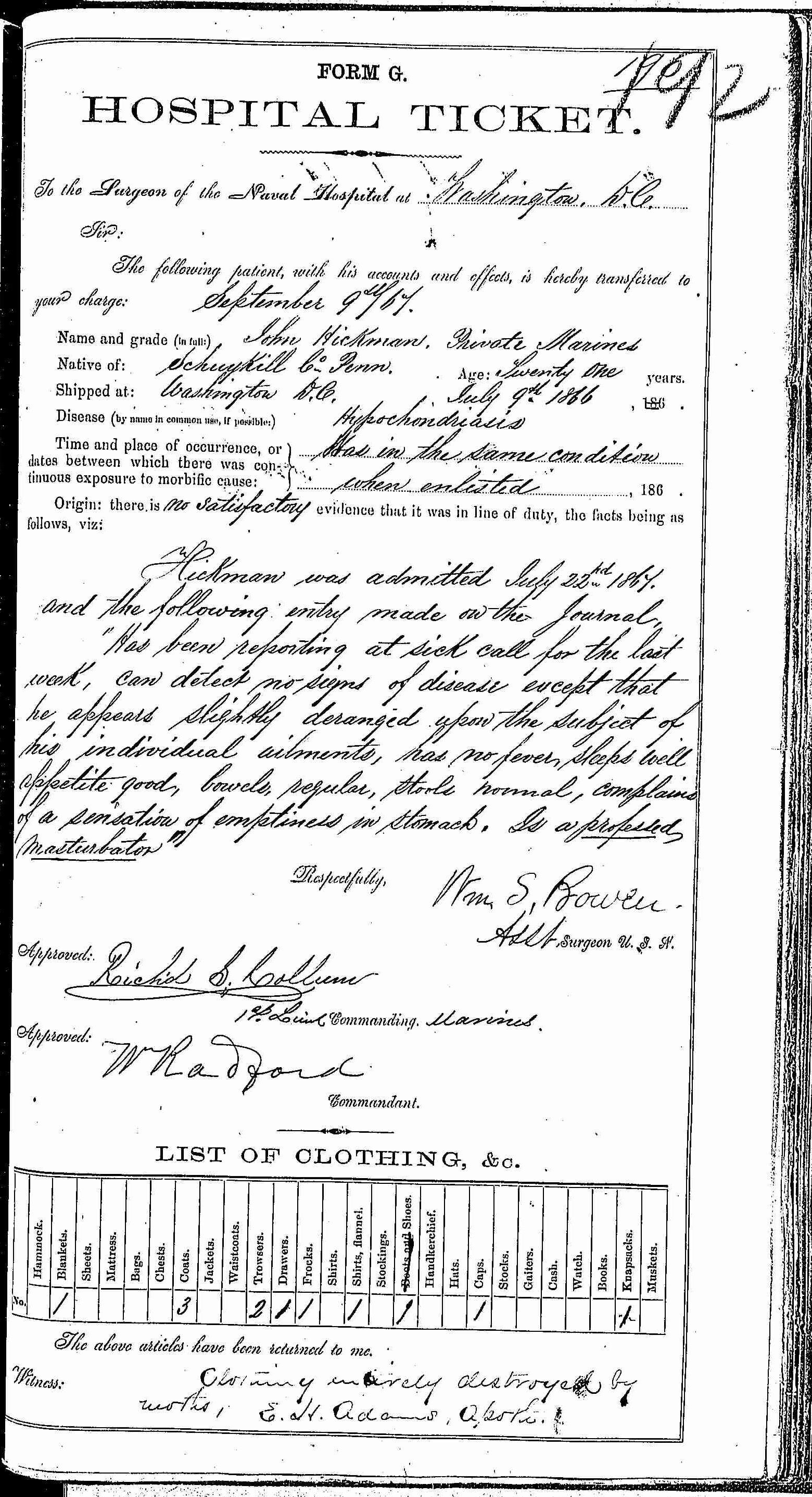 Entry for John Hickman (page 1 of 2) in the log Hospital Tickets and Case Papers - Naval Hospital - Washington, D.C. - 1866-68