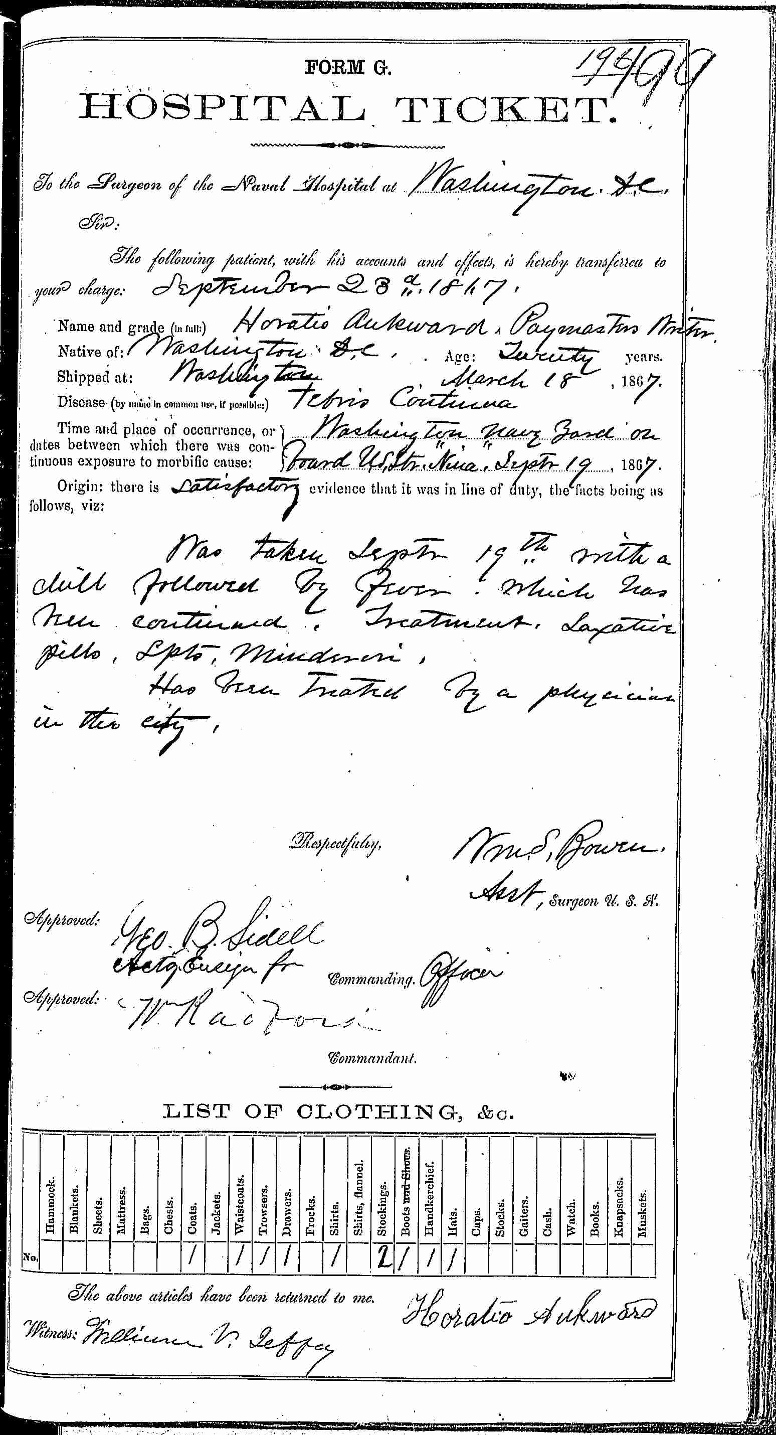 Entry for Horatio Aukward (page 1 of 2) in the log Hospital Tickets and Case Papers - Naval Hospital - Washington, D.C. - 1866-68
