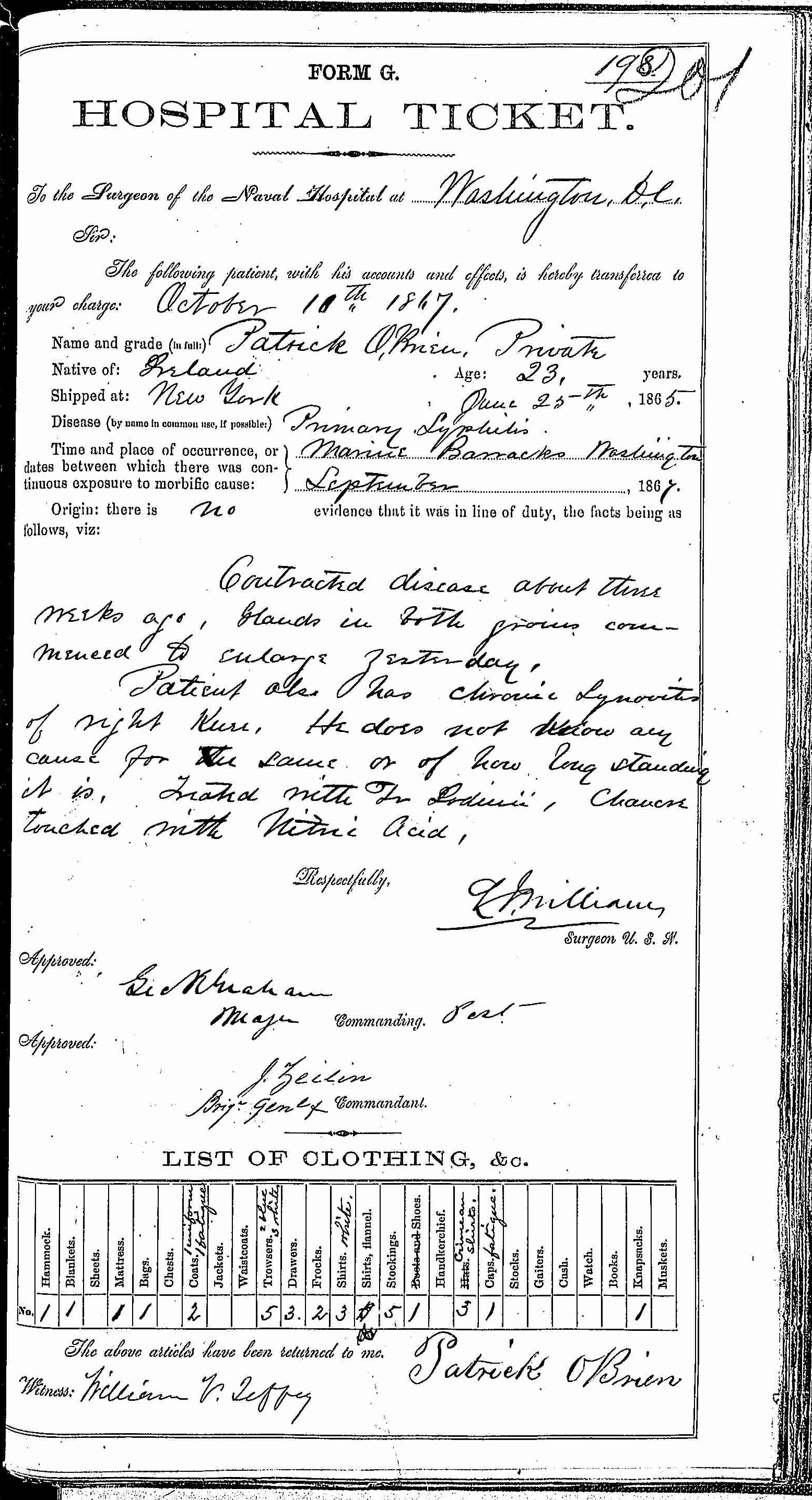Entry for Patrick O'Brien (page 1 of 2) in the log Hospital Tickets and Case Papers - Naval Hospital - Washington, D.C. - 1866-68
