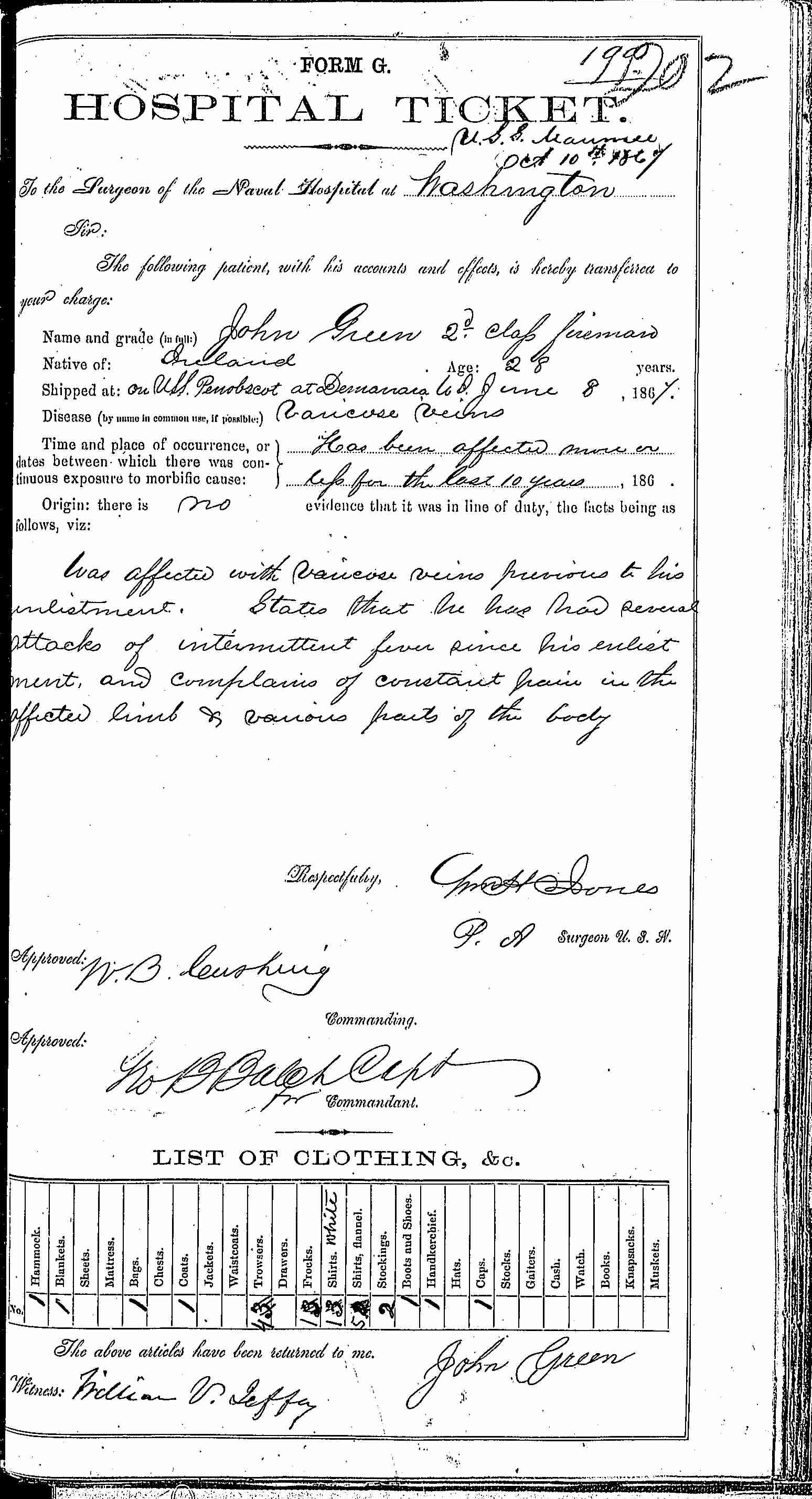 Entry for John Green (page 1 of 2) in the log Hospital Tickets and Case Papers - Naval Hospital - Washington, D.C. - 1866-68