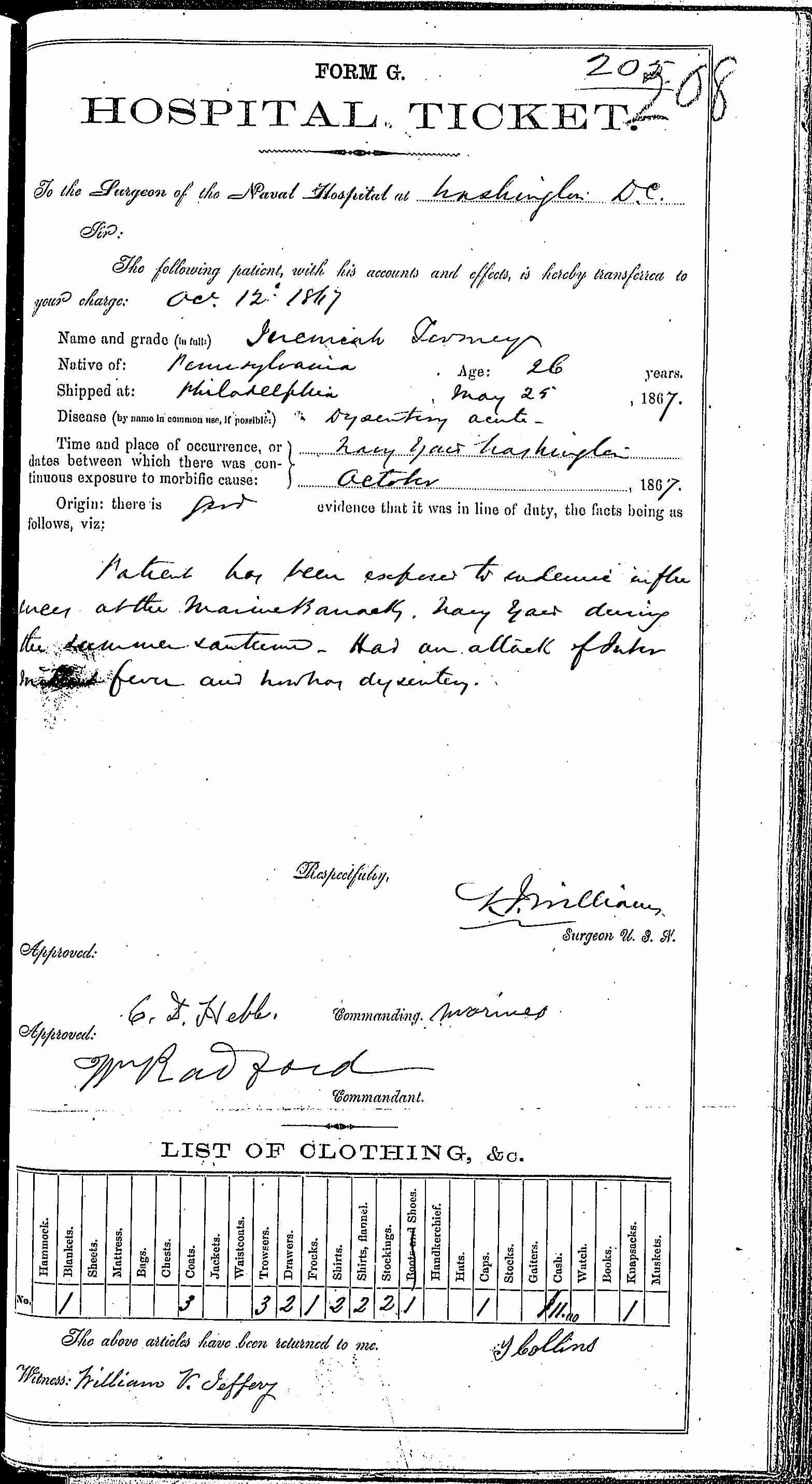 Entry for Jeremiah Tomey (page 1 of 2) in the log Hospital Tickets and Case Papers - Naval Hospital - Washington, D.C. - 1866-68