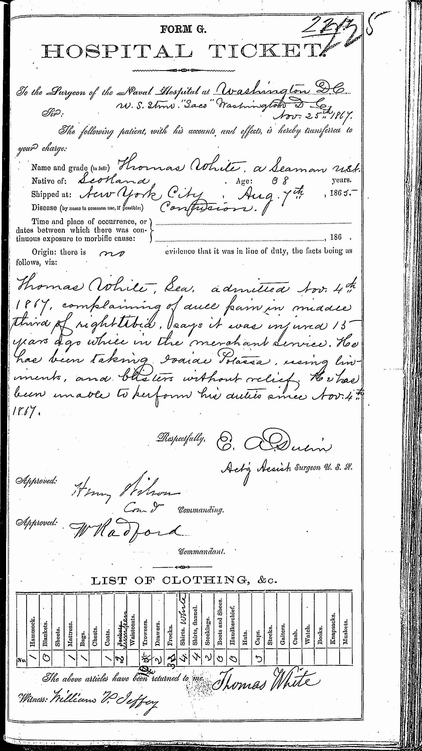 Entry for Thomas White (first admission page 1 of 2) in the log Hospital Tickets and Case Papers - Naval Hospital - Washington, D.C. - 1866-68