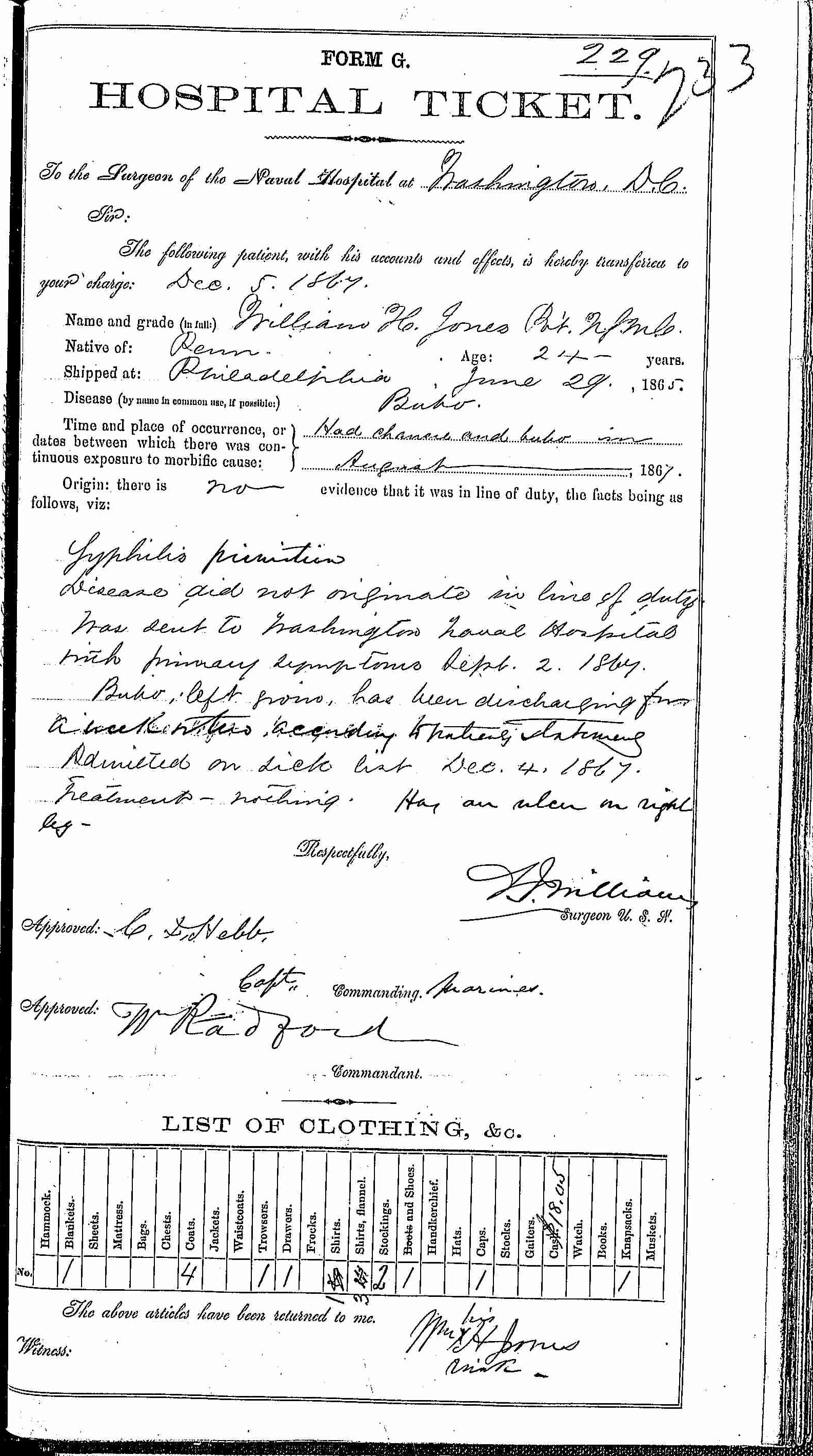 Entry for William H. Jones (page 1 of 2) in the log Hospital Tickets and Case Papers - Naval Hospital - Washington, D.C. - 1866-68