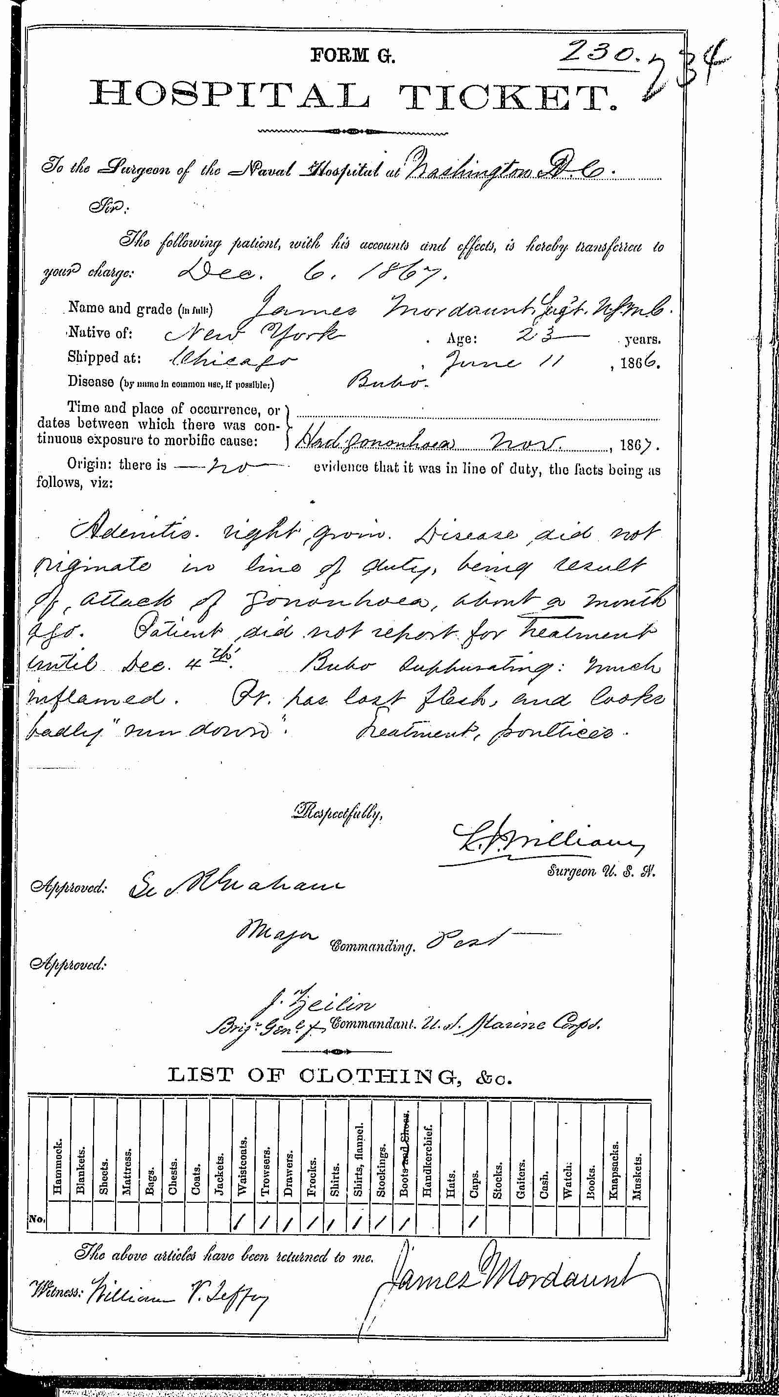 Entry for James Mordaunt (second admission page 1 of 2) in the log Hospital Tickets and Case Papers - Naval Hospital - Washington, D.C. - 1866-68