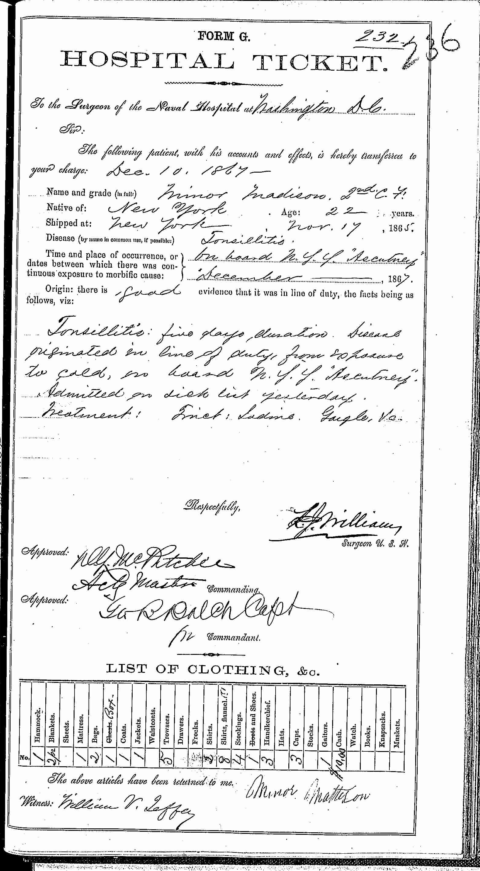 Entry for Minor Madison (page 1 of 2) in the log Hospital Tickets and Case Papers - Naval Hospital - Washington, D.C. - 1866-68