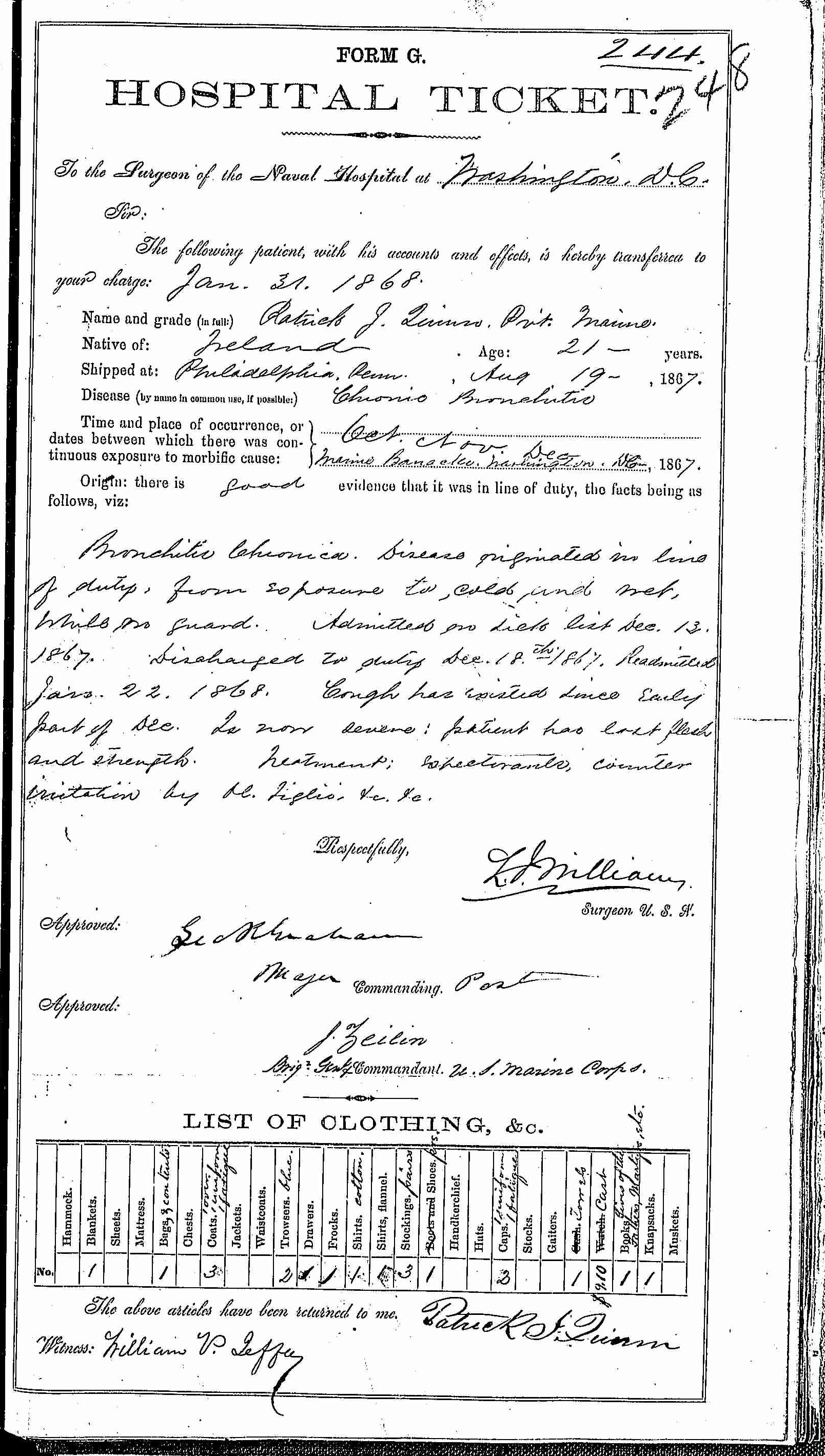 Entry for Patrick J. Quinn (page 1 of 2) in the log Hospital Tickets and Case Papers - Naval Hospital - Washington, D.C. - 1866-68