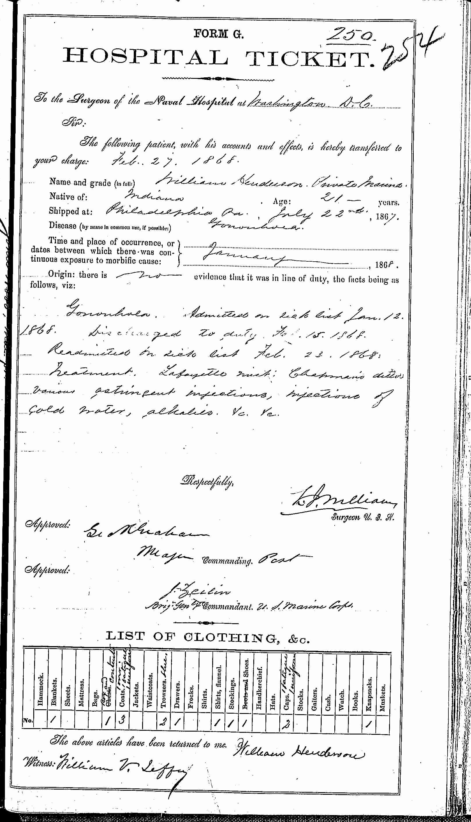 Entry for William Henderson (page 1 of 2) in the log Hospital Tickets and Case Papers - Naval Hospital - Washington, D.C. - 1866-68
