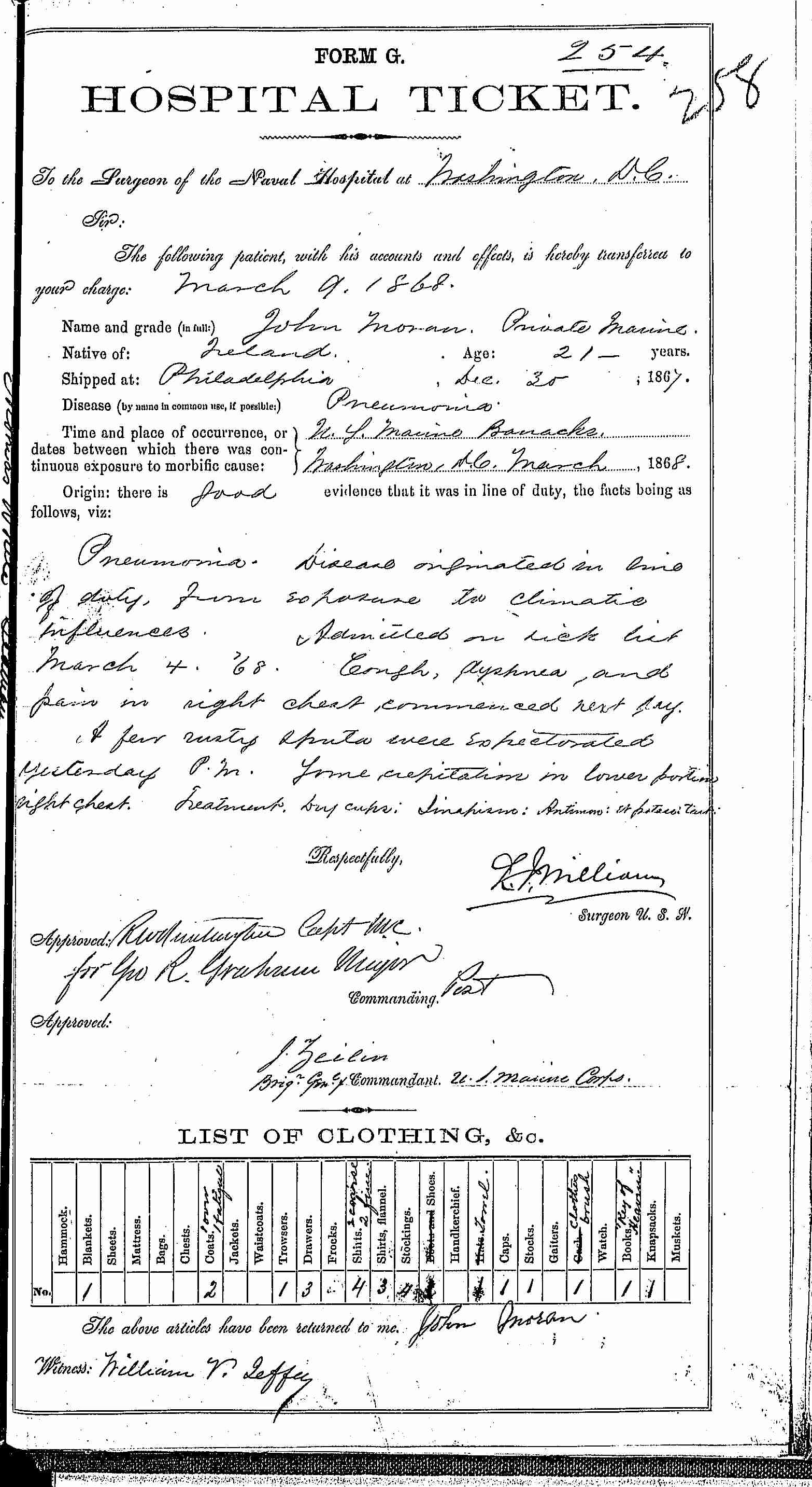 Entry for John Moran (page 1 of 2) in the log Hospital Tickets and Case Papers - Naval Hospital - Washington, D.C. - 1866-68