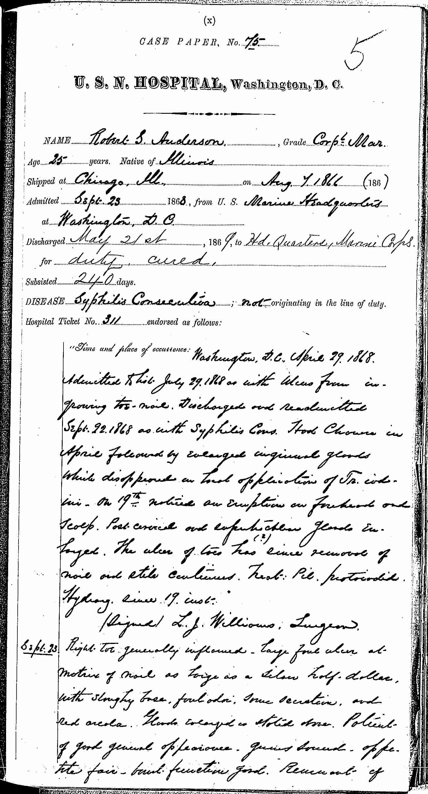 Entry for Robert S. Anderson (page 1 of 15) in the log Hospital Tickets and Case Papers - Naval Hospital - Washington, D.C. - 1868-69