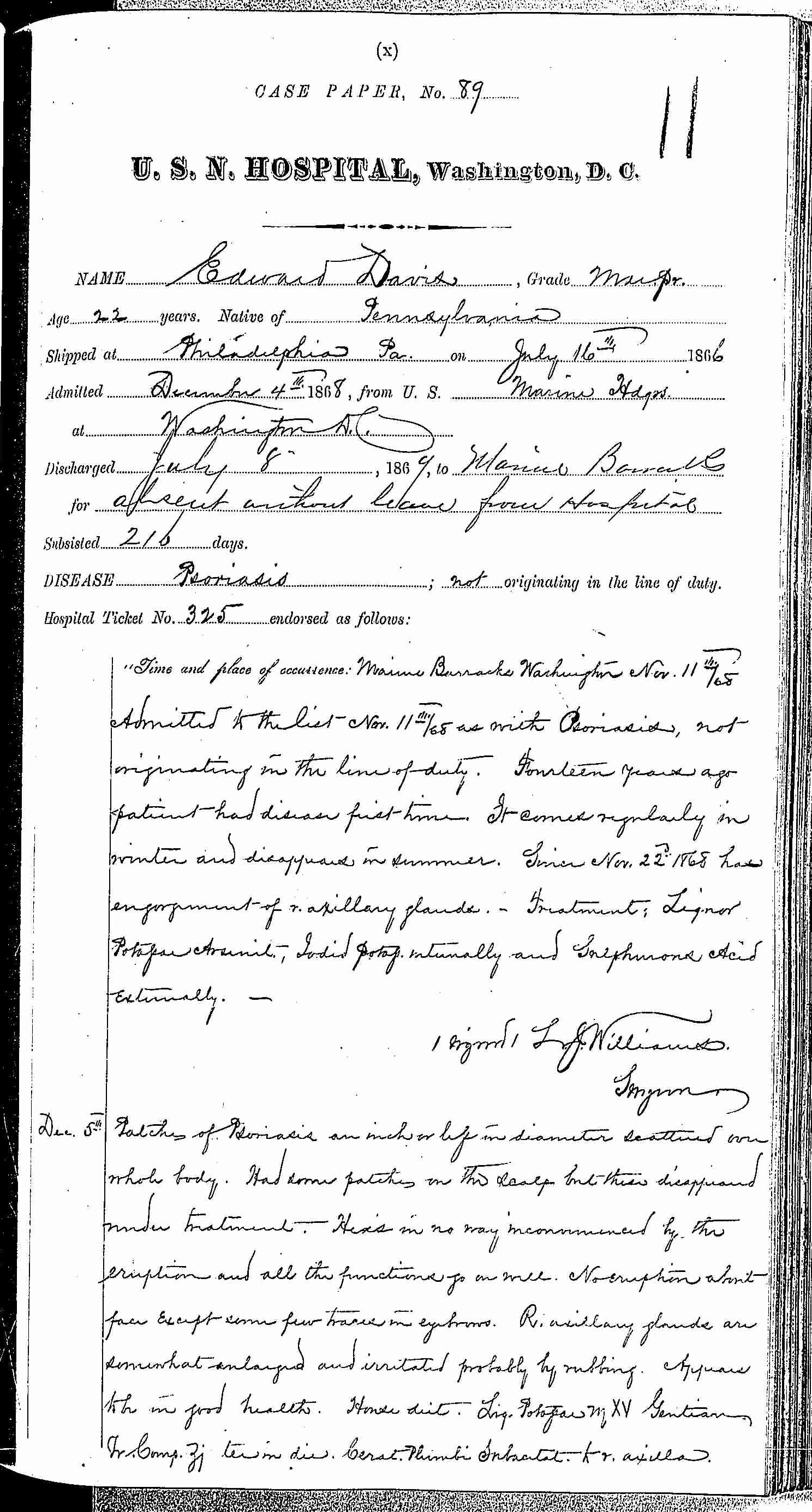 Entry for Edward Davis (page 1 of 6) in the log Hospital Tickets and Case Papers - Naval Hospital - Washington, D.C. - 1868-69