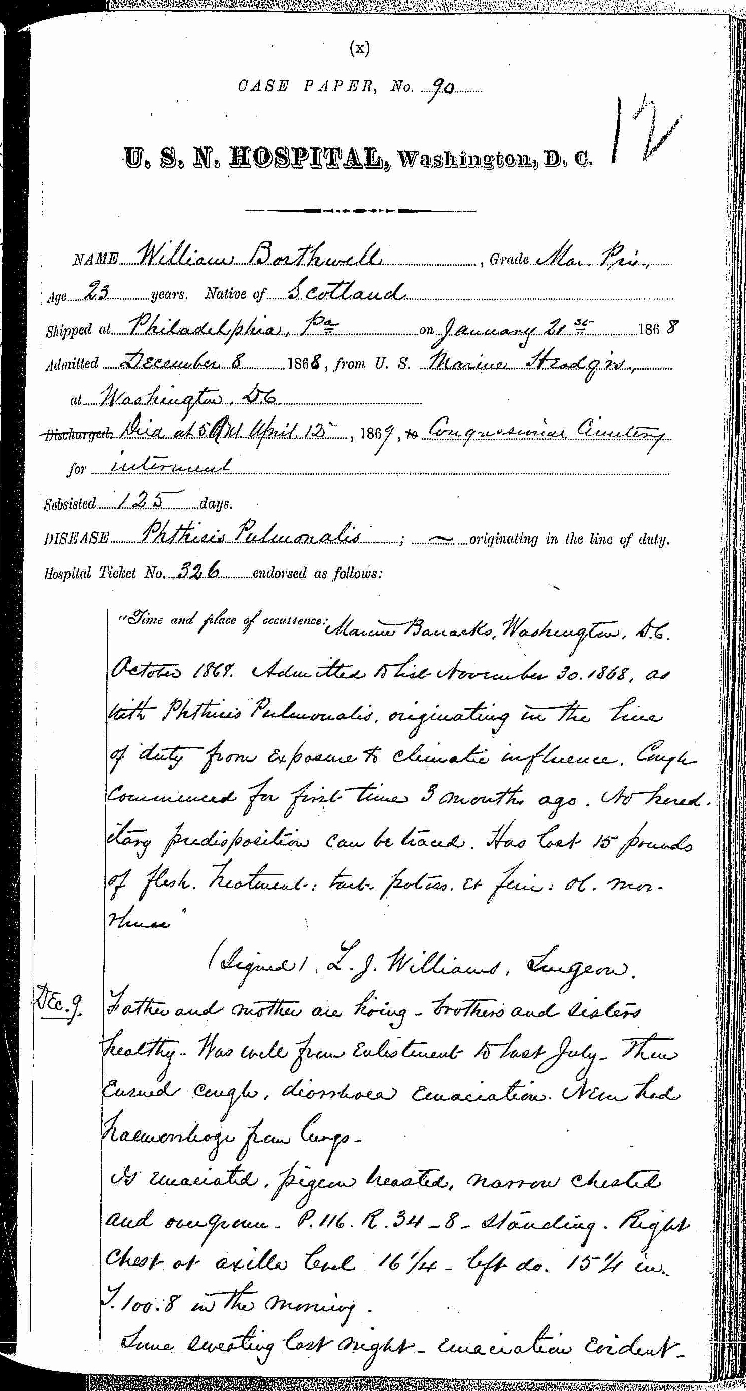 Entry for William Bathwell (page 1 of 13) in the log Hospital Tickets and Case Papers - Naval Hospital - Washington, D.C. - 1868-69