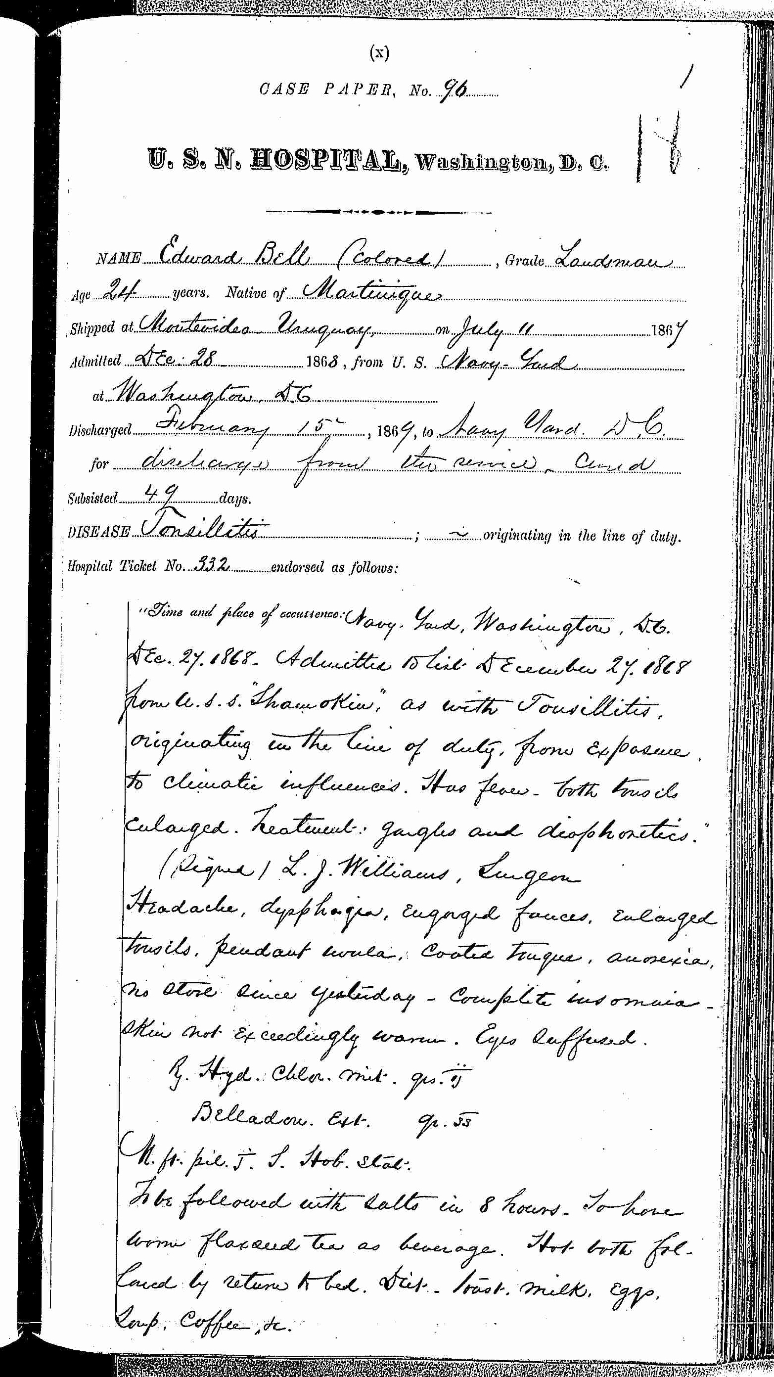 Entry for Edward Bell (page 1 of 5) in the log Hospital Tickets and Case Papers - Naval Hospital - Washington, D.C. - 1868-69