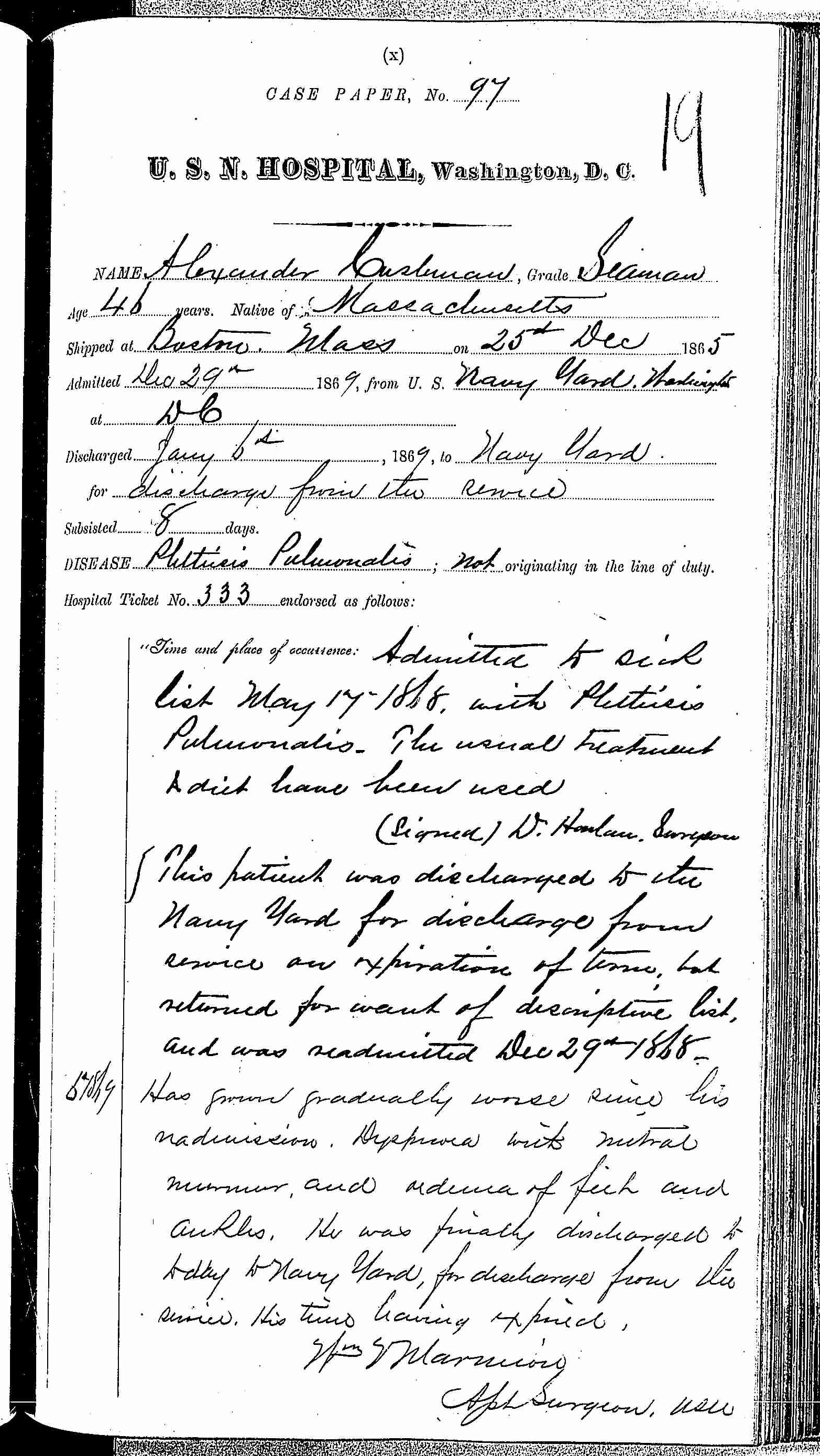 Entry for Charles Wyatt (page 1 of 1) in the log Hospital Tickets and Case Papers - Naval Hospital - Washington, D.C. - 1868-69