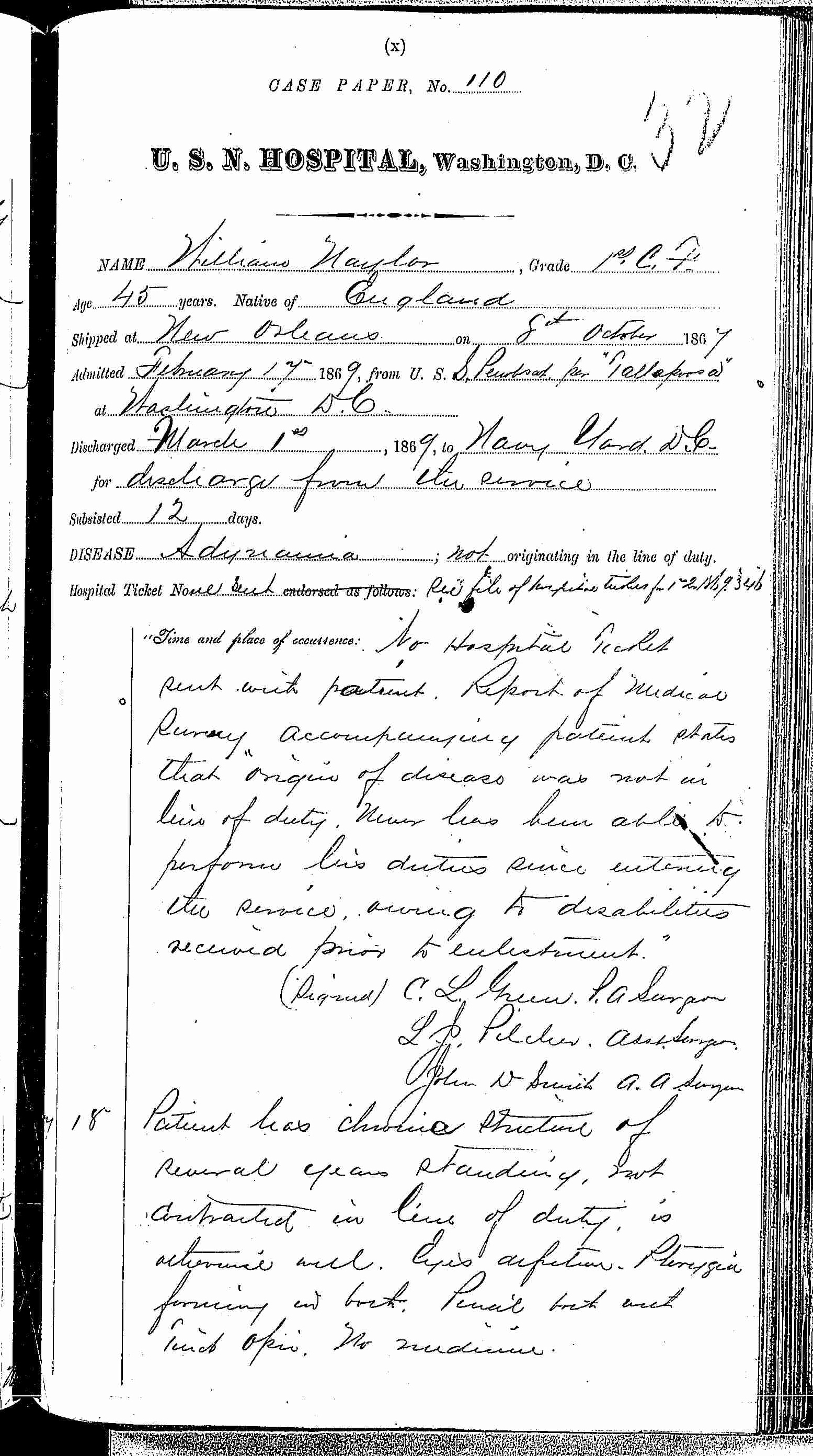 Entry for William Naylor (page 1 of 2) in the log Hospital Tickets and Case Papers - Naval Hospital - Washington, D.C. - 1868-69