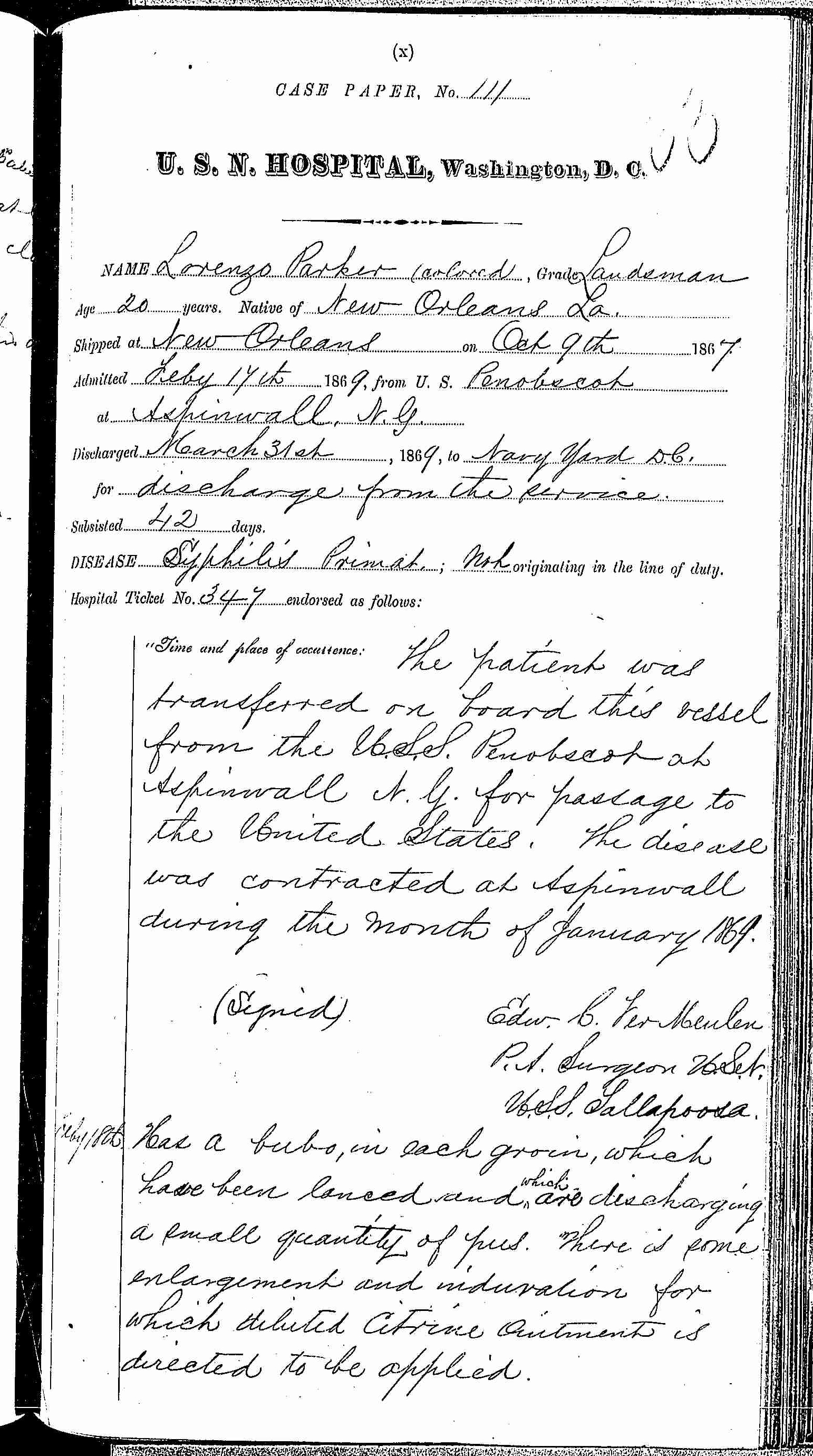 Entry for Lorenzo Parker (page 1 of 3) in the log Hospital Tickets and Case Papers - Naval Hospital - Washington, D.C. - 1868-69