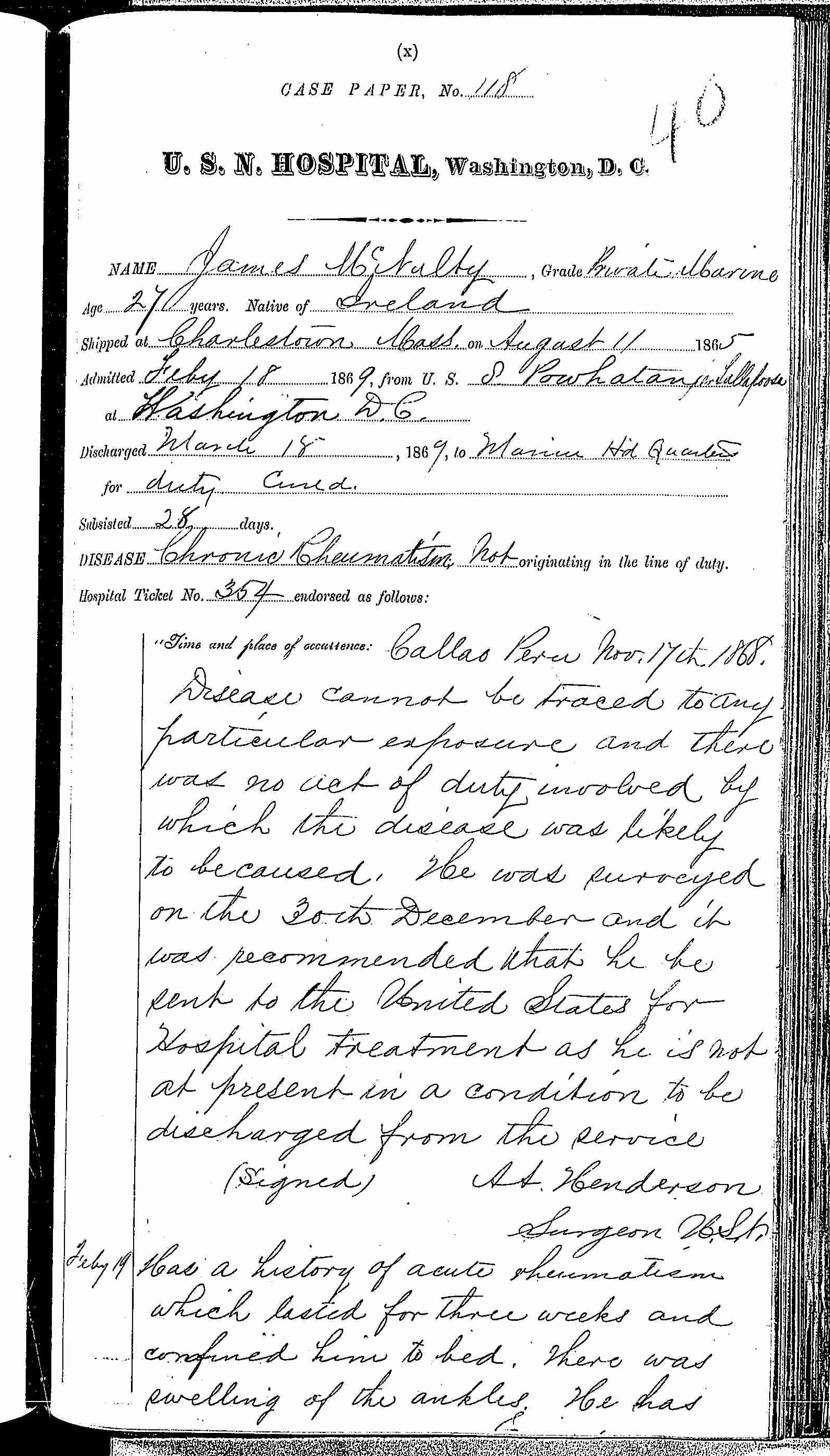 Entry for James McNalty (page 1 of 3) in the log Hospital Tickets and Case Papers - Naval Hospital - Washington, D.C. - 1868-69