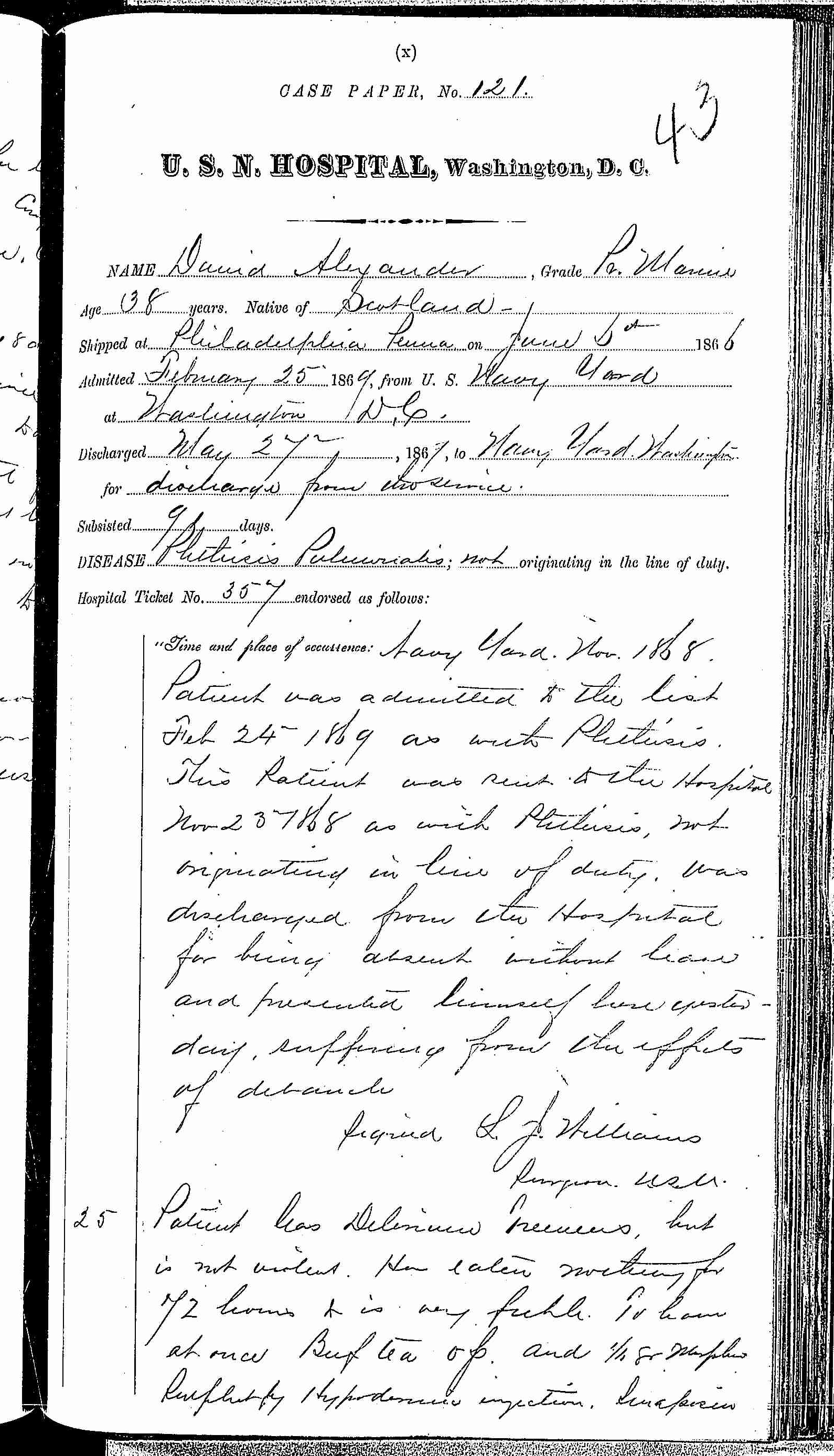 Entry for David Alexander (second admission page 1 of 3) in the log Hospital Tickets and Case Papers - Naval Hospital - Washington, D.C. - 1868-69