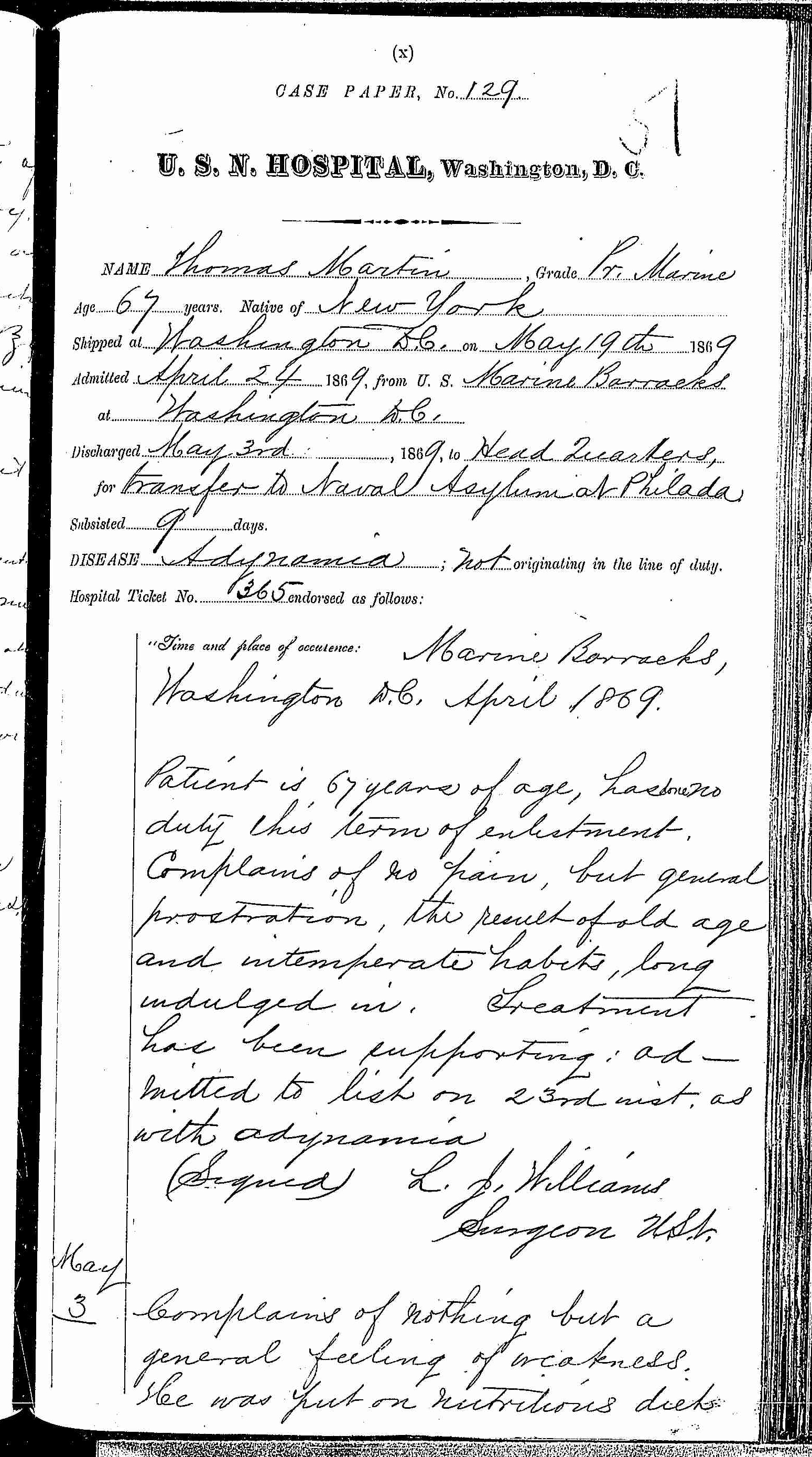Entry for Thomas Martin (page 1 of 2) in the log Hospital Tickets and Case Papers - Naval Hospital - Washington, D.C. - 1868-69
