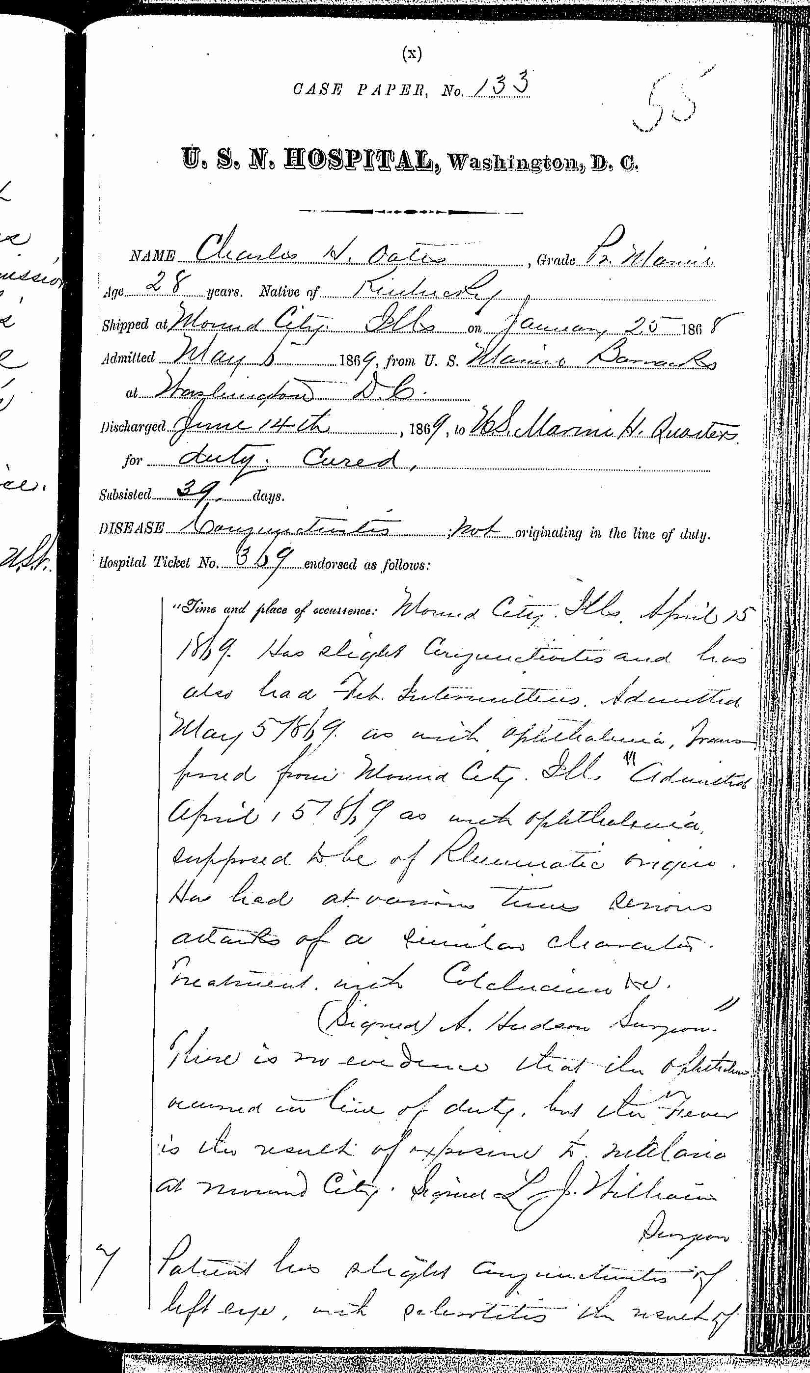 Entry for Charles H. Oates (page 1 of 3) in the log Hospital Tickets and Case Papers - Naval Hospital - Washington, D.C. - 1868-69