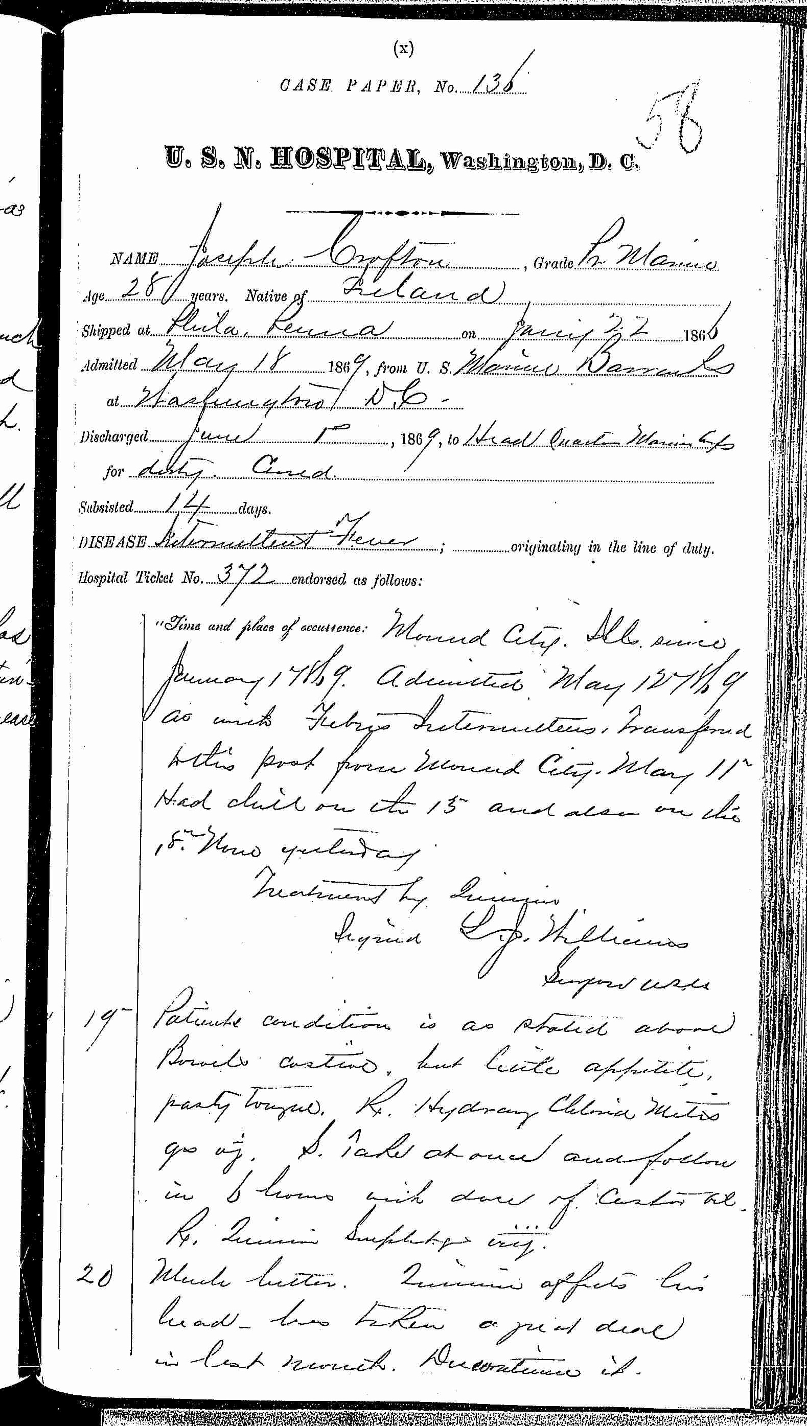 Entry for Joseph Crofton (page 1 of 2) in the log Hospital Tickets and Case Papers - Naval Hospital - Washington, D.C. - 1868-69