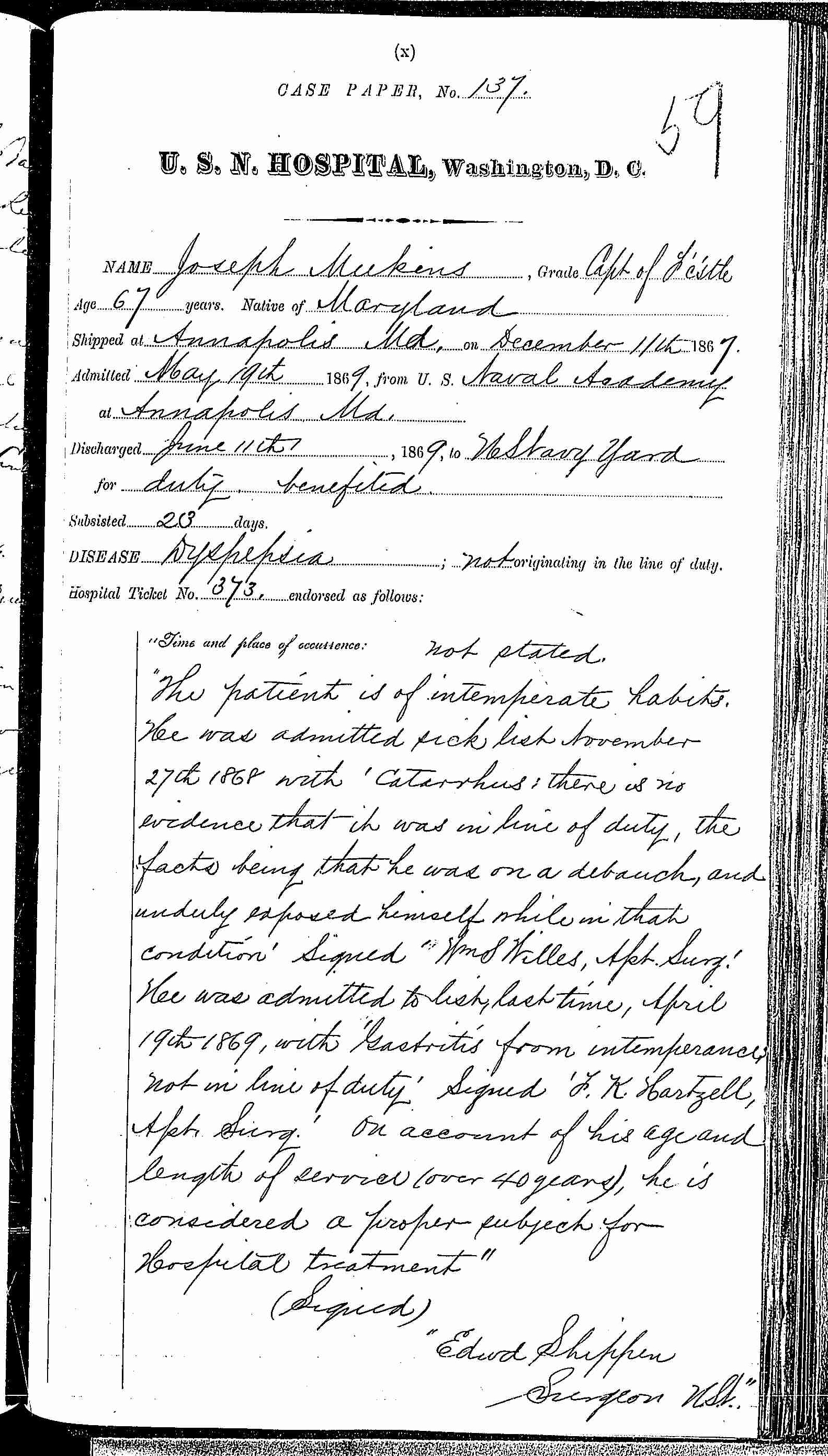 Entry for Joseph Meekins (page 1 of 3) in the log Hospital Tickets and Case Papers - Naval Hospital - Washington, D.C. - 1868-69